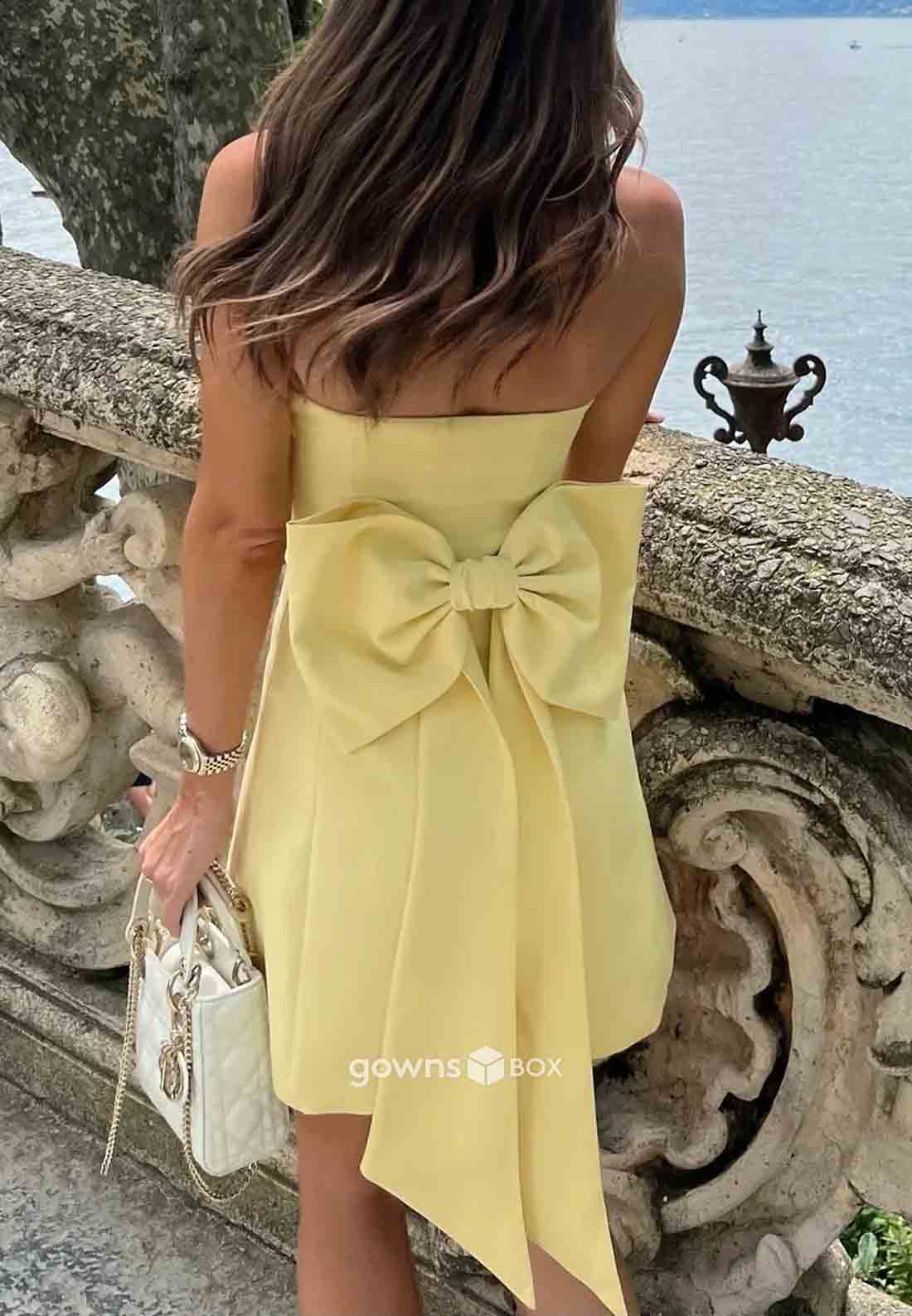 Pretty Sheath Strapless Yellow Satin Short Homecoming Dress with Bowknot-GownsBox