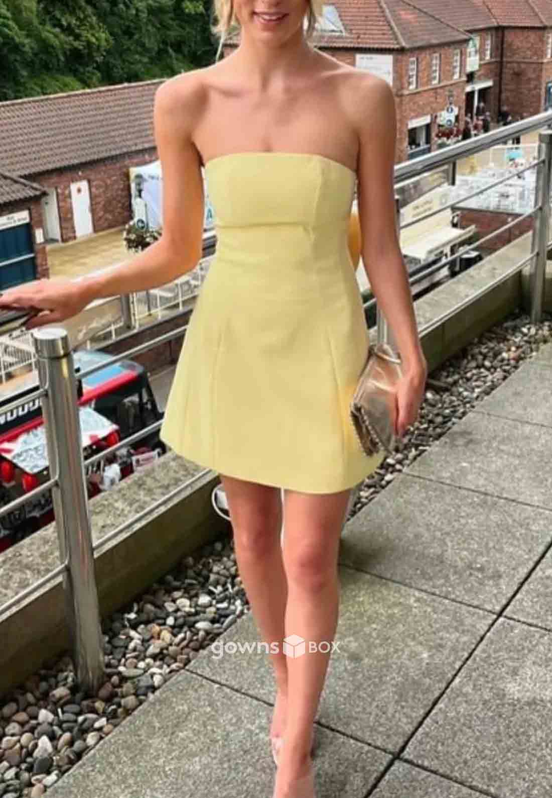 Pretty Sheath Strapless Yellow Satin Short Homecoming Dress with Bowknot-GownsBox