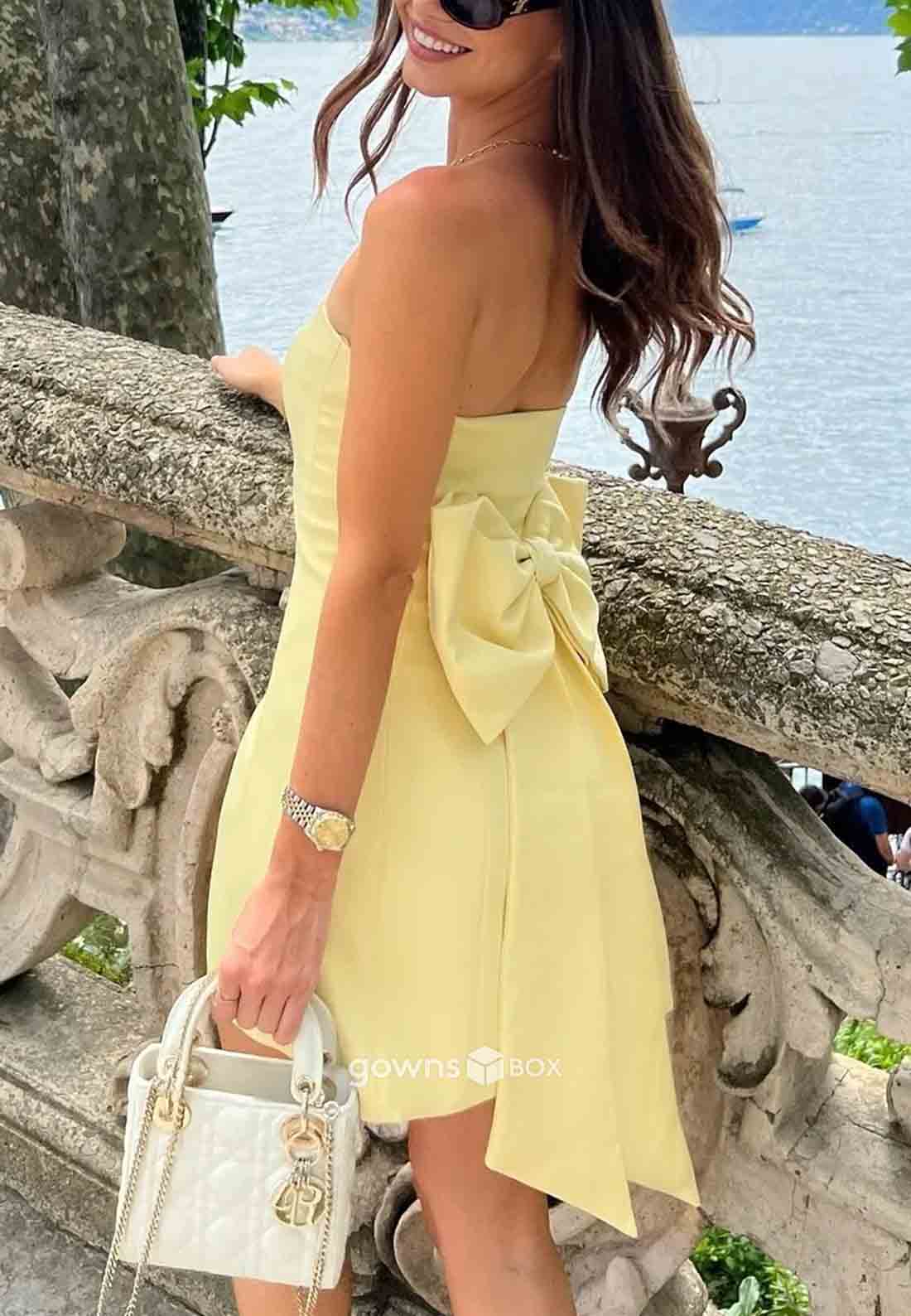 Pretty Sheath Strapless Yellow Satin Short Homecoming Dress with Bowknot-GownsBox