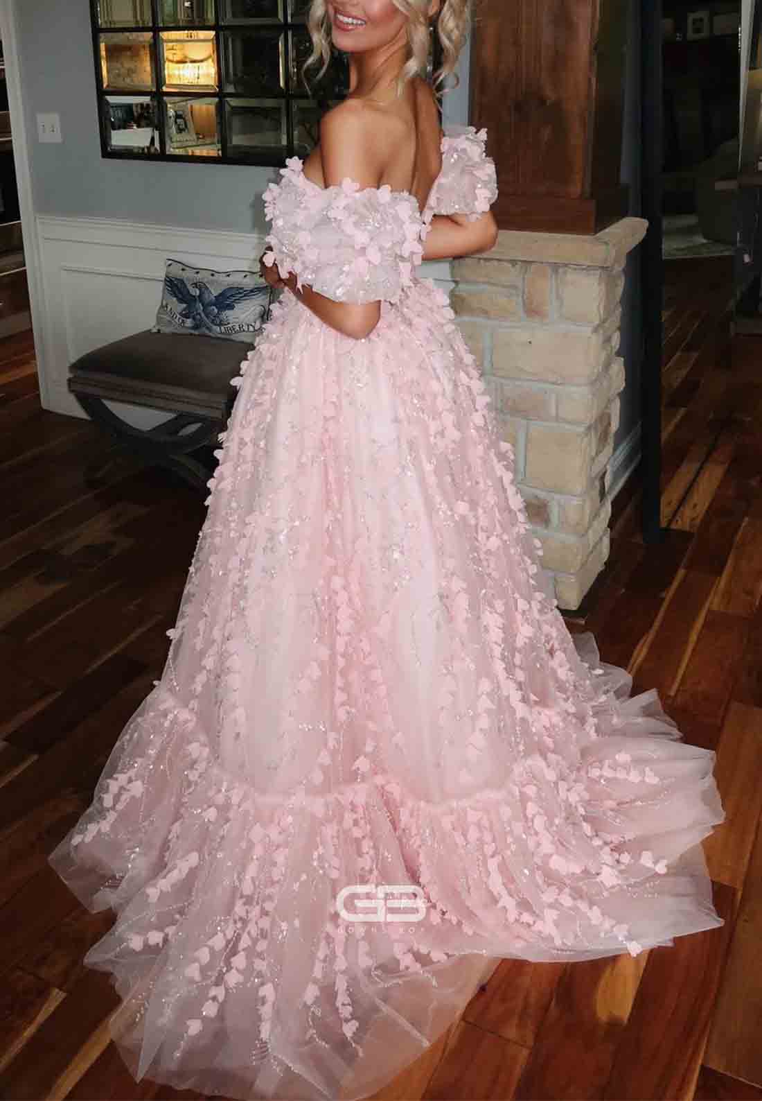 Puff Sleeves Pink 3D Floral A-line Long Dress (4)