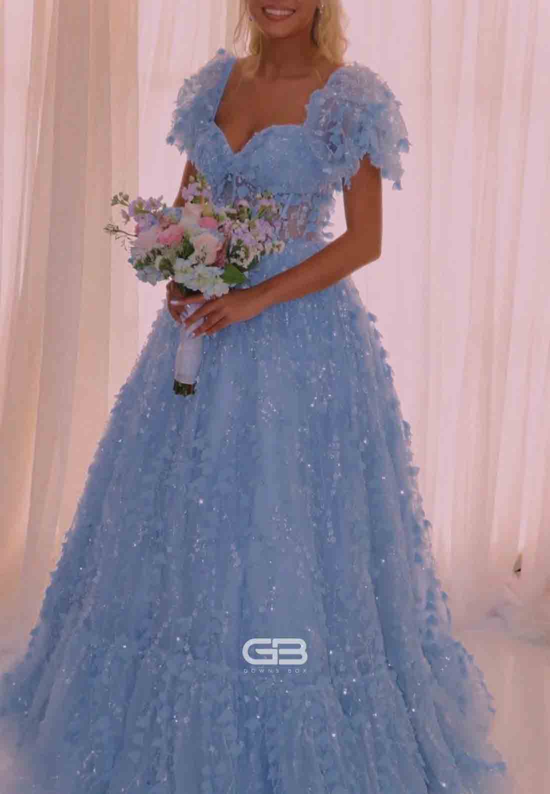 Puff Sleeves Pink 3D Floral A-line Long Dress (4)