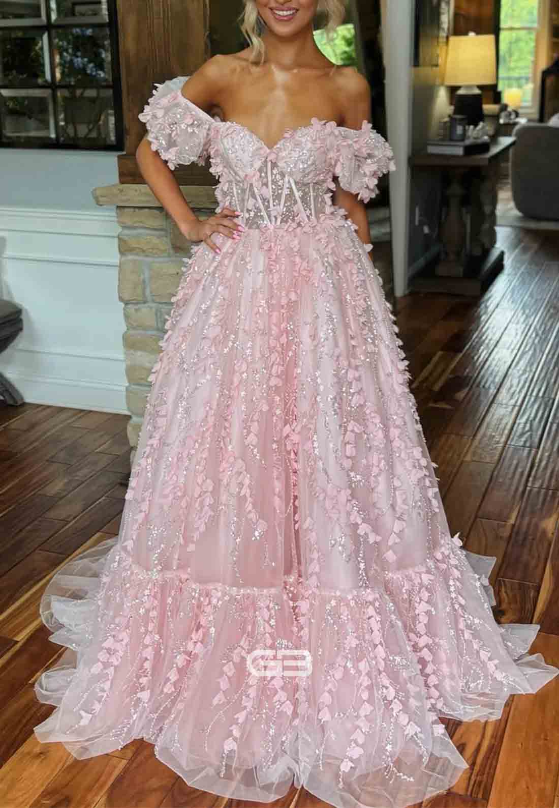 Puff Sleeves Pink 3D Floral A-line Long Dress (4)