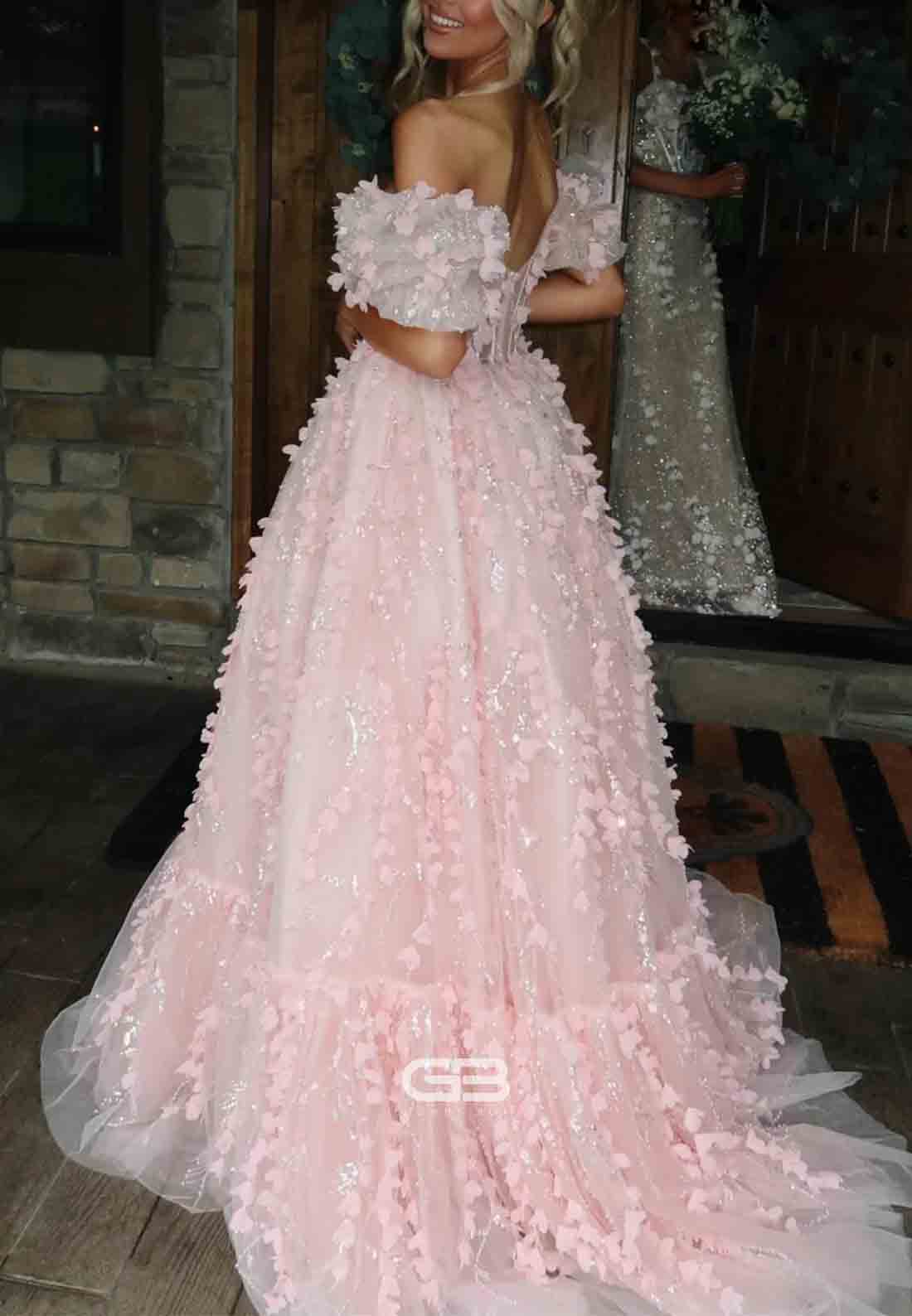 Puff Sleeves Pink 3D Floral A-line Long Dress (4)