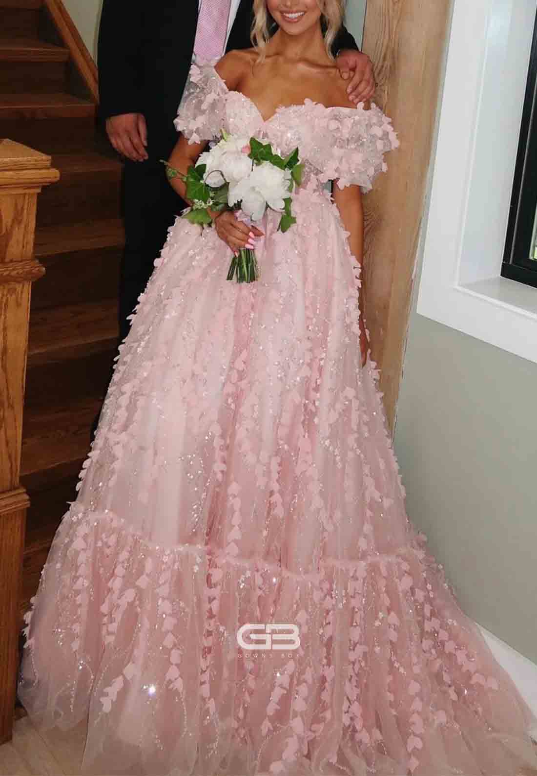 Puff Sleeves Pink 3D Floral A-line Long Dress (4)