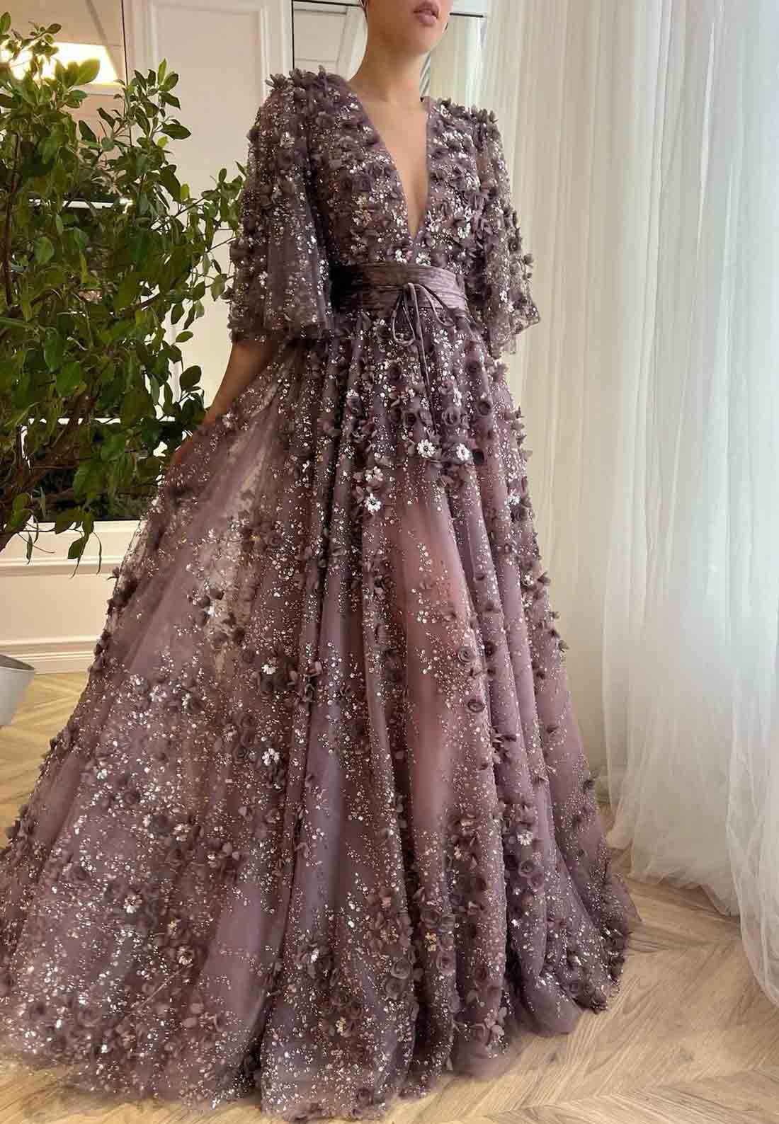 Purple Low V-Neck A-Line  Evening Gowns with Flutter Sleeves and Embroidery