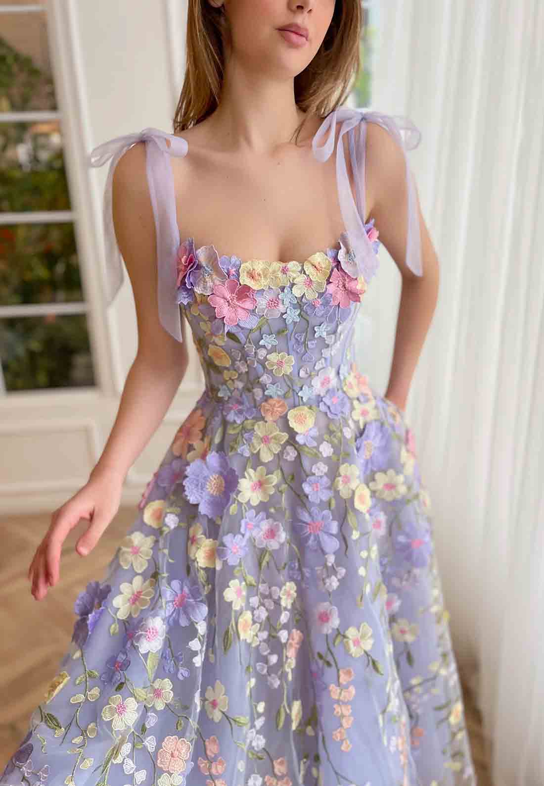 Lilac Midi Dress with Square Neck Spaghetti Straps and Embroidered Flowers