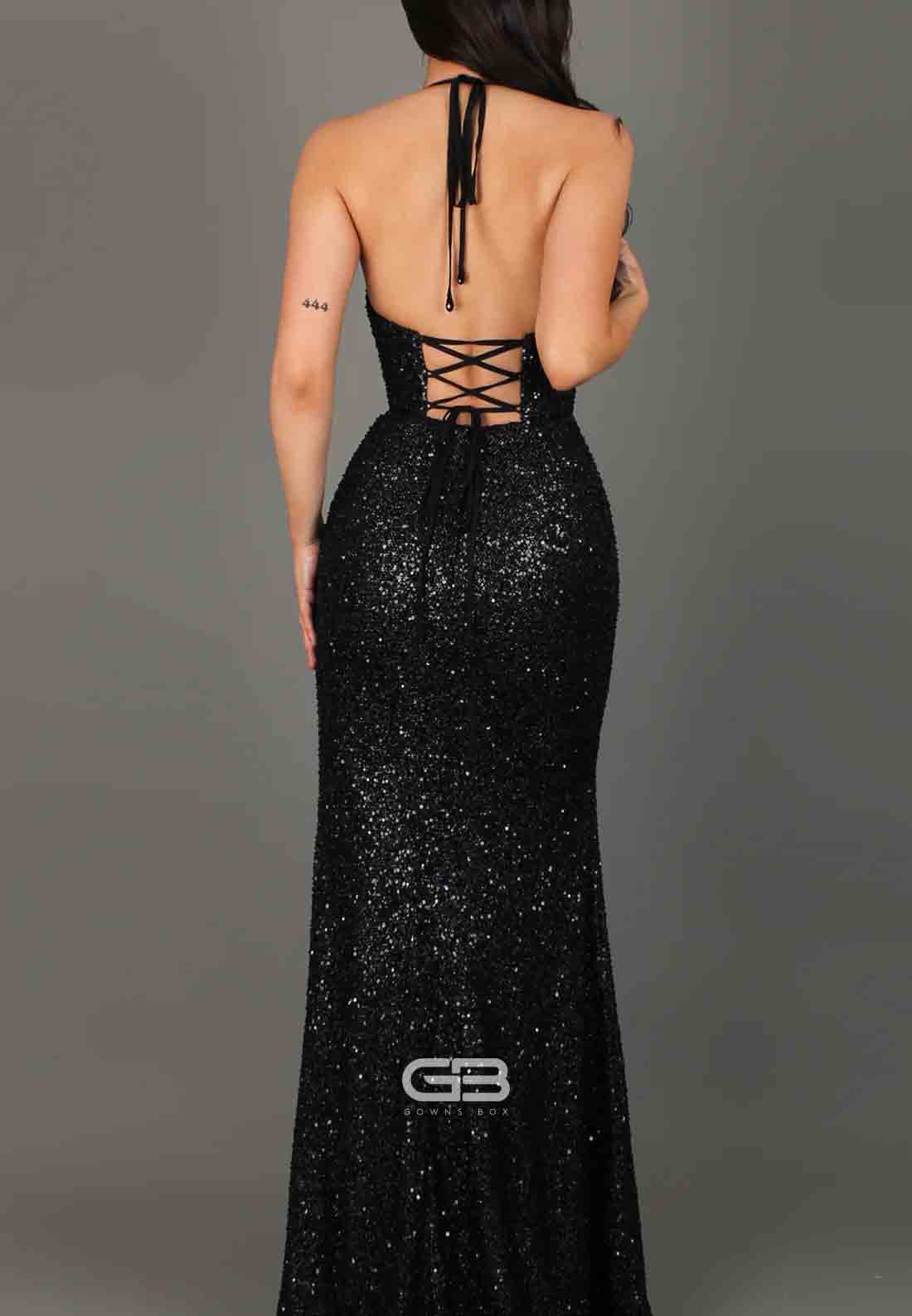 Sparkly Halter Low V-Neck Glitter Floor-Length Trumpet Prom Dresses