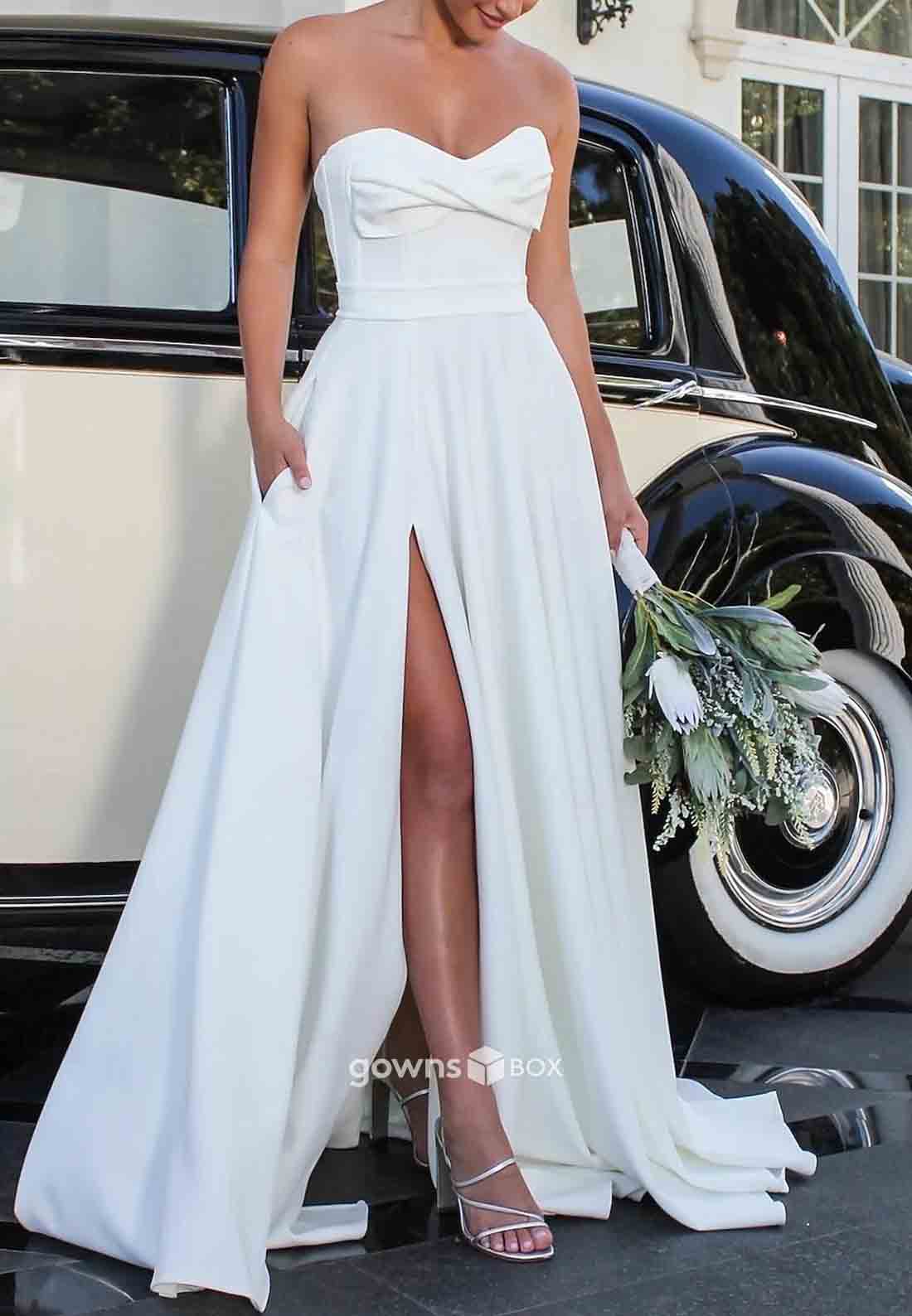 Sweep Train Simple High Slit A-Line Strapless Pleated Bridal Gowns-GownsBox