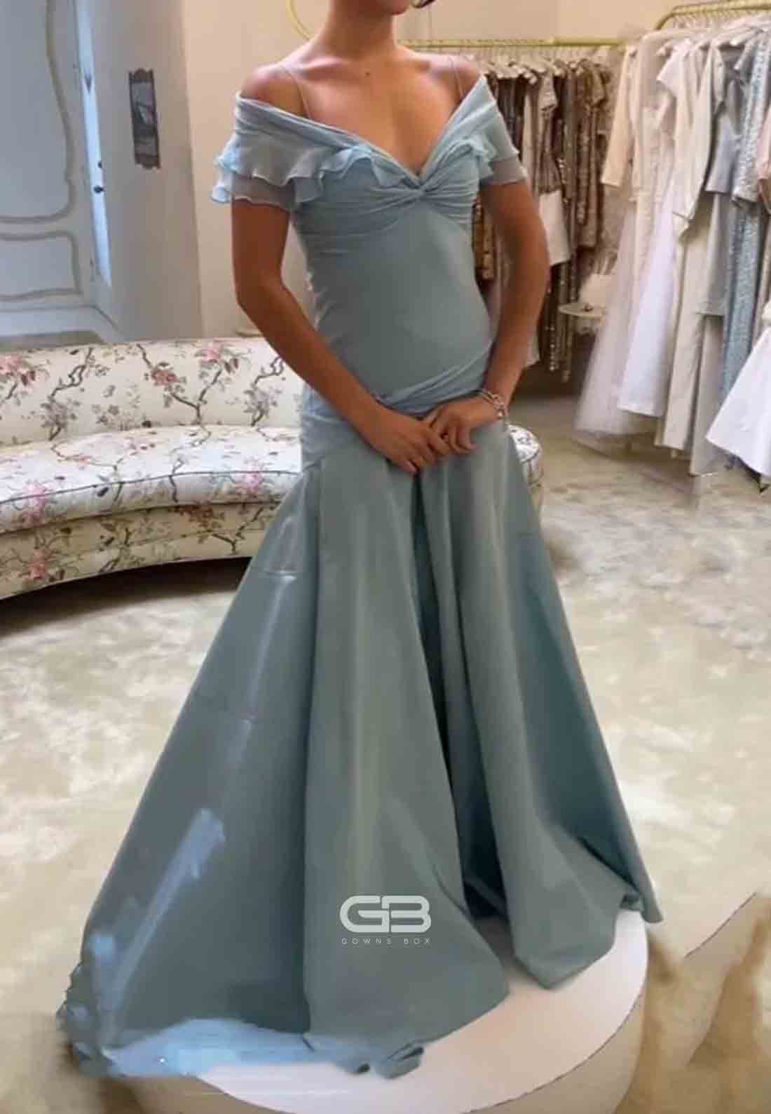 Retro Style Off the Shoulder A Line Long Grey Blue Party Dress with Ruffle 