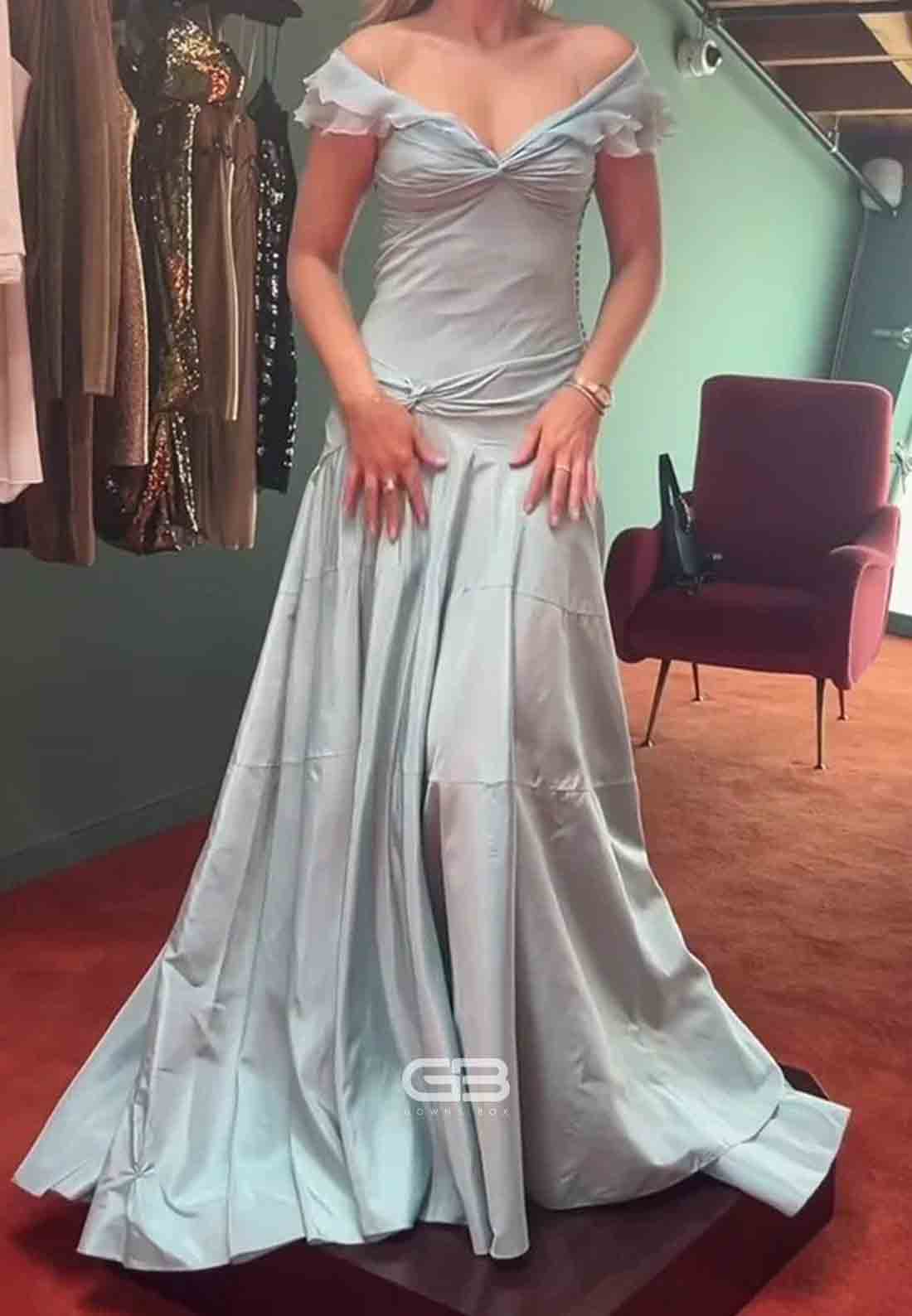 Retro Style Off the Shoulder A Line Long Grey Blue Party Dress with Ruffle 