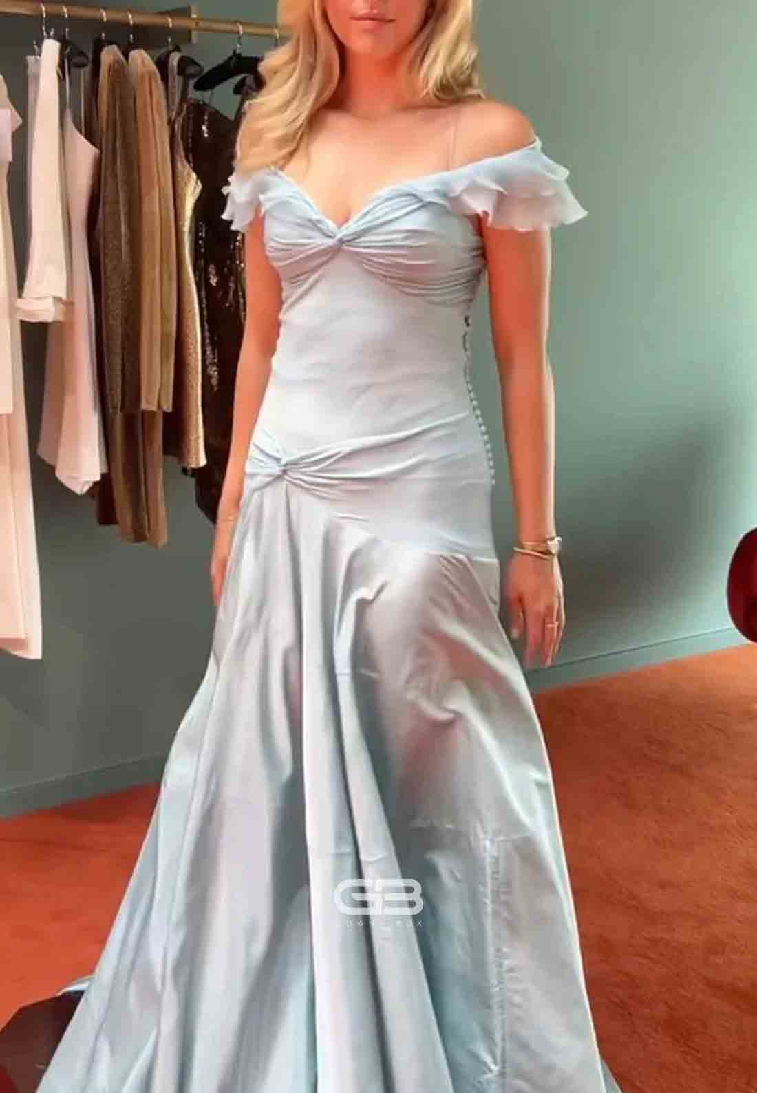 Retro Style Off the Shoulder A Line Long Grey Blue Party Dress with Ruffle 