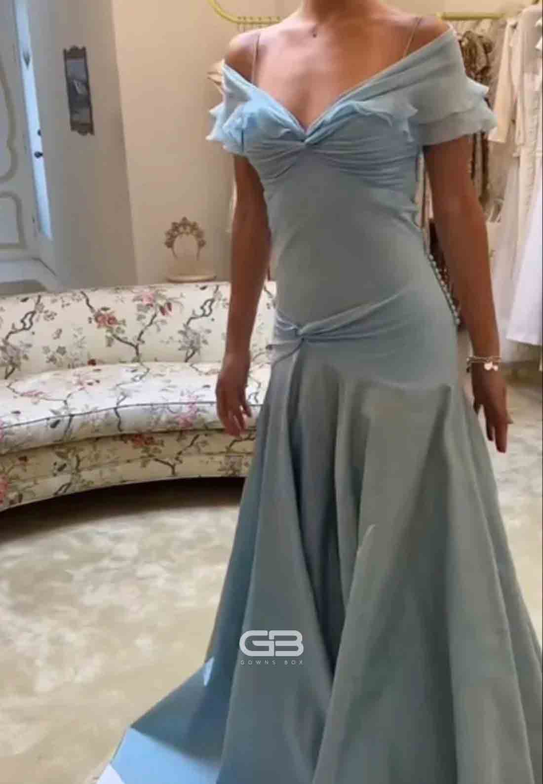 Retro Style Off the Shoulder A Line Long Grey Blue Party Dress with Ruffle 