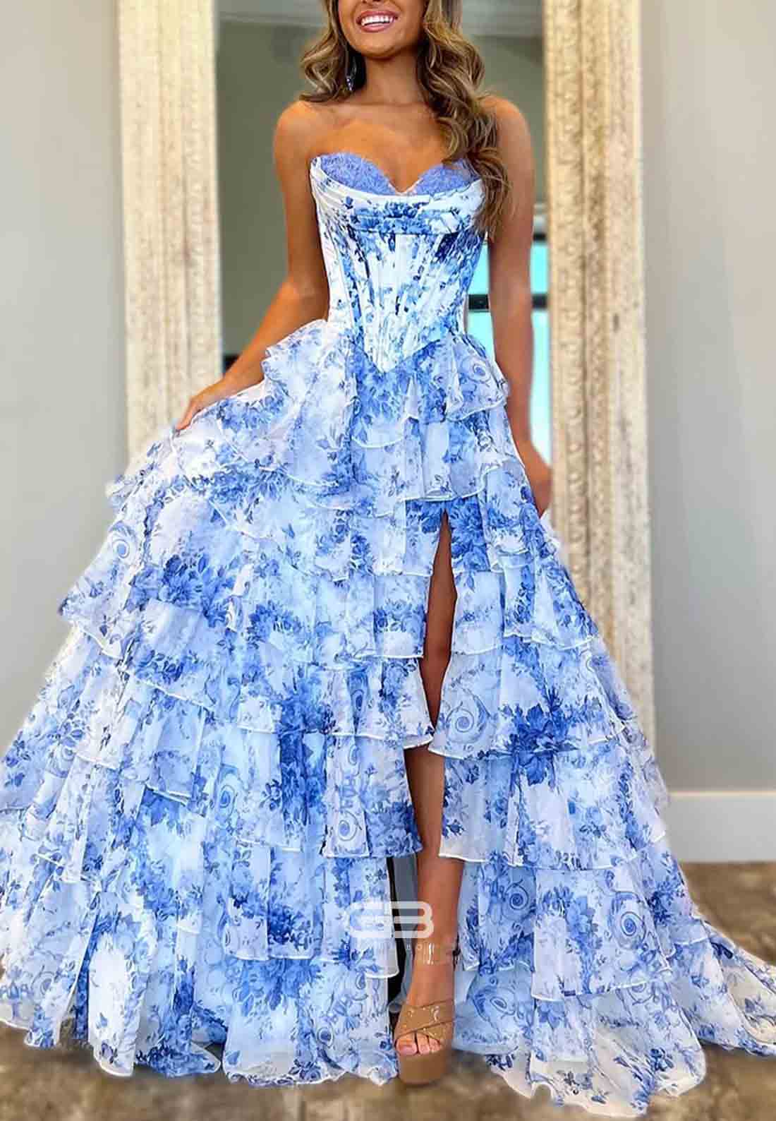 Elegant Floral Print A-Line Sweetheart Long Tiered Tulle Prom Dress with Side Slit
