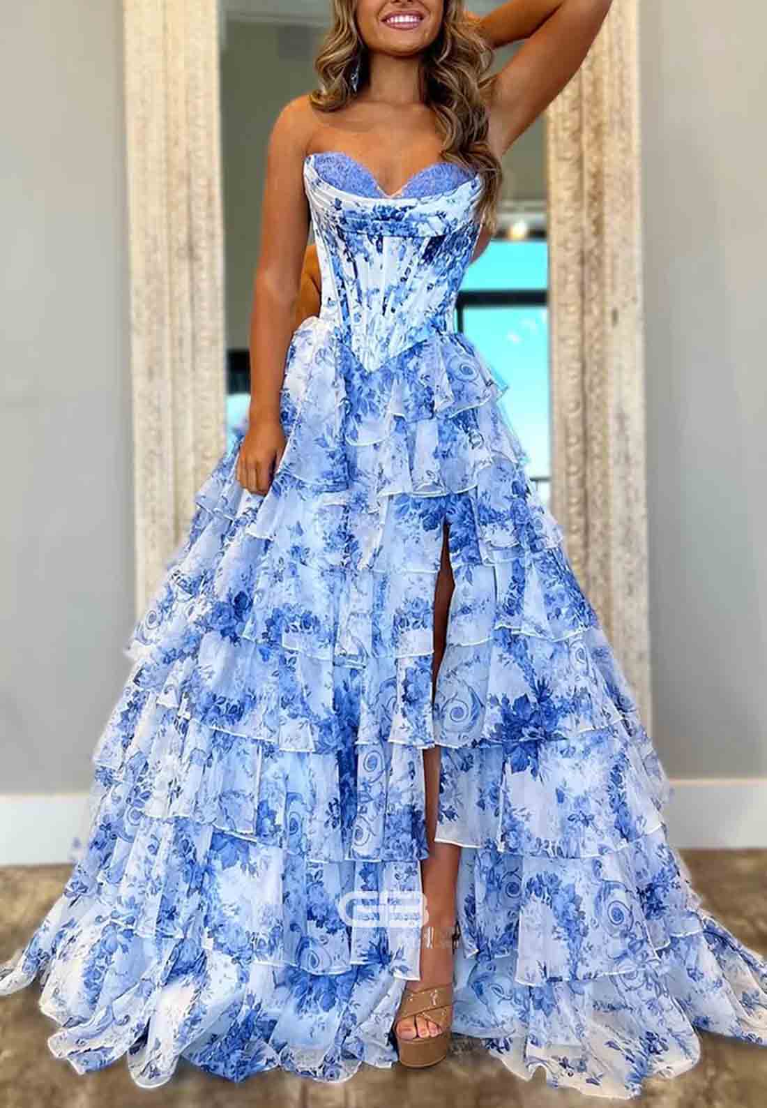 Elegant Floral Print A-Line Sweetheart Long Tiered Tulle Prom Dress with Side Slit