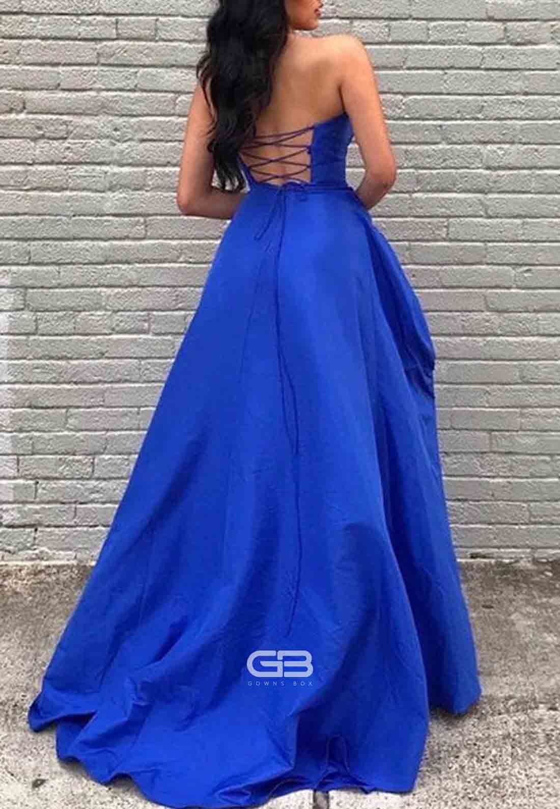 Royal Blue A Line Crisscross Back Sweetheart Satin Long Prom Dresse