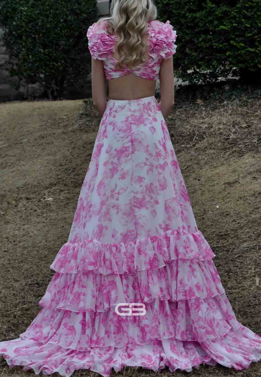 Ruffle Straps Pink Floral Print A-Line Tiered Long Prom Dress
