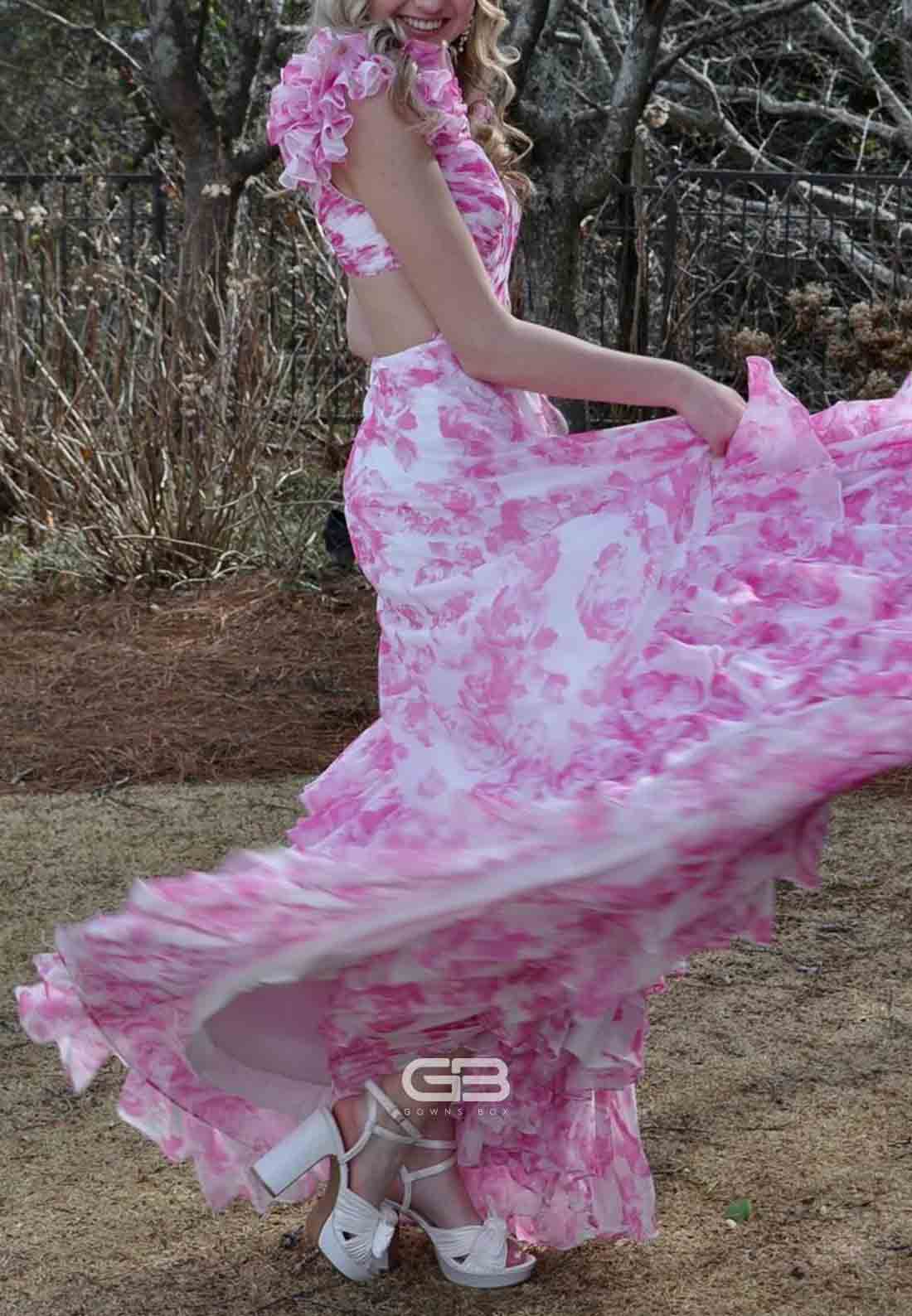 Ruffle Straps Pink Floral Print A-Line Tiered Long Prom Dress