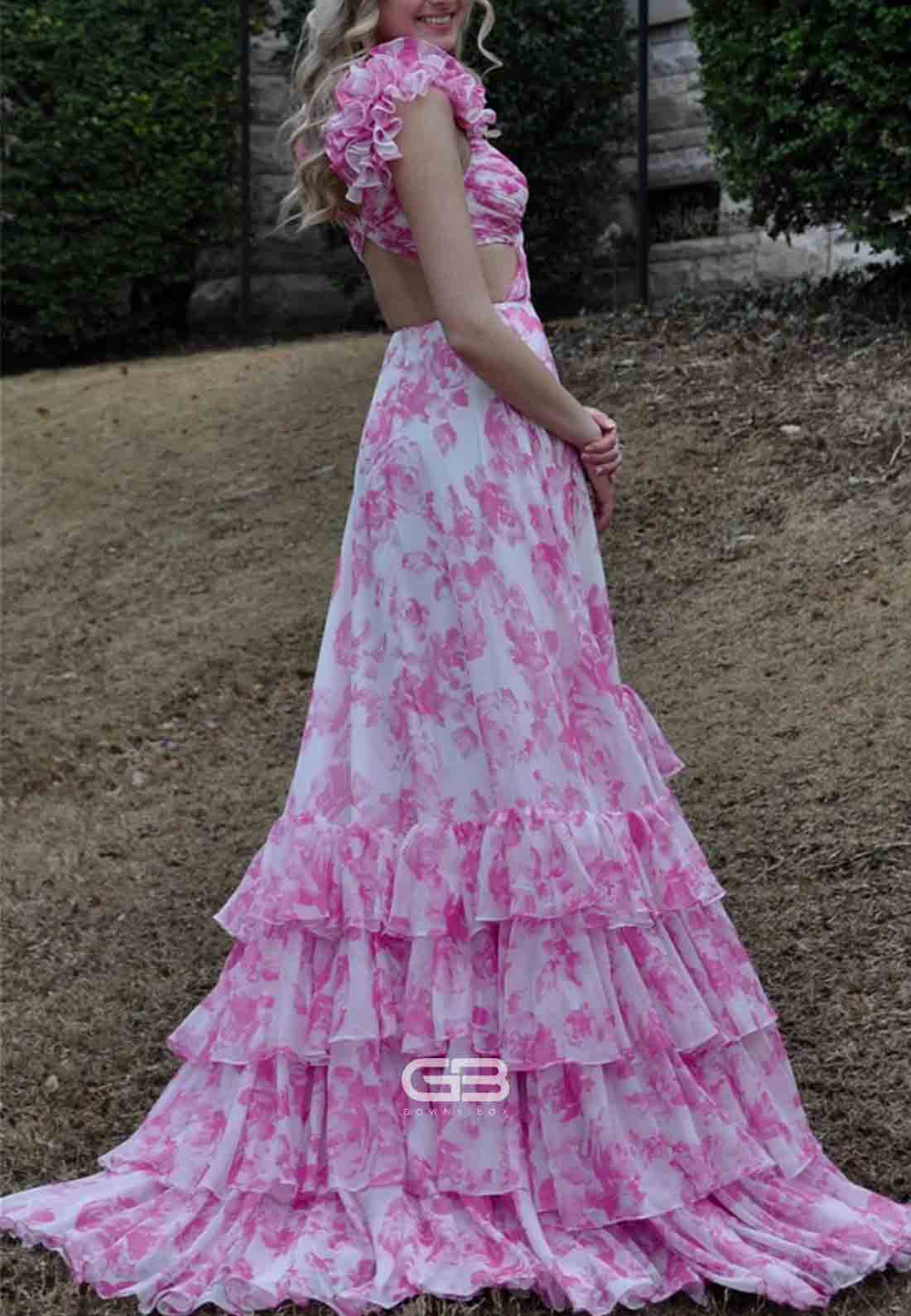 Ruffle Straps Pink Floral Print A-Line Tiered Long Prom Dress