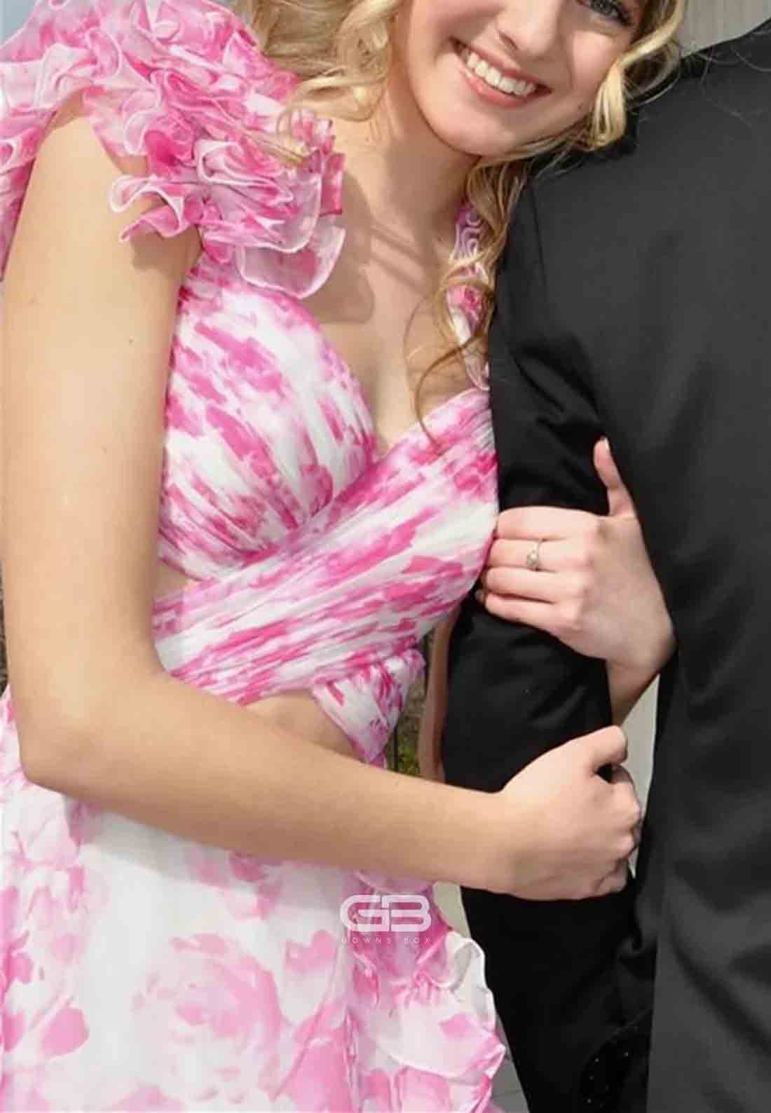 Ruffle Straps Pink Floral Print A-Line Tiered Long Prom Dress