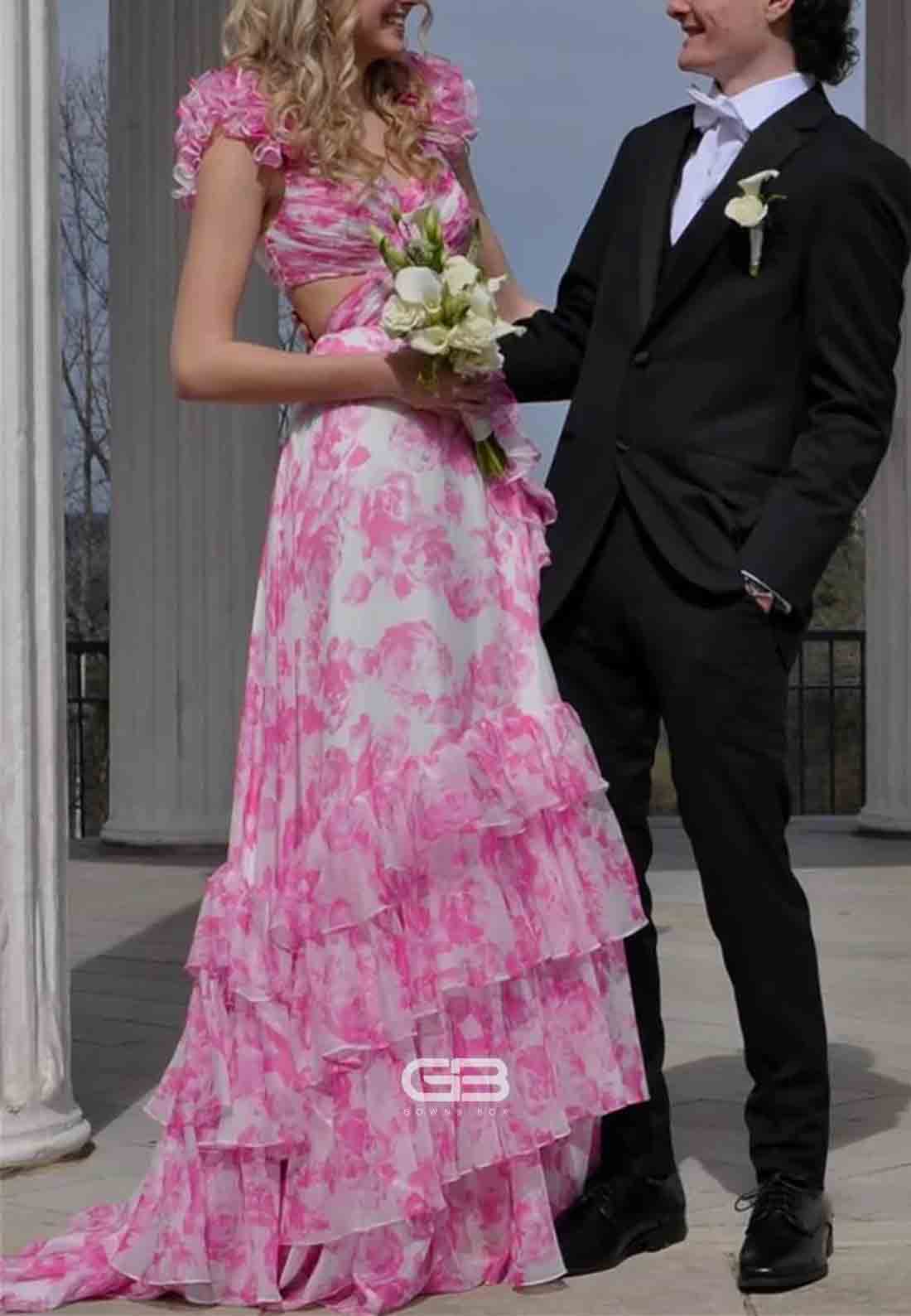 Ruffle Straps Pink Floral Print A-Line Tiered Long Prom Dress