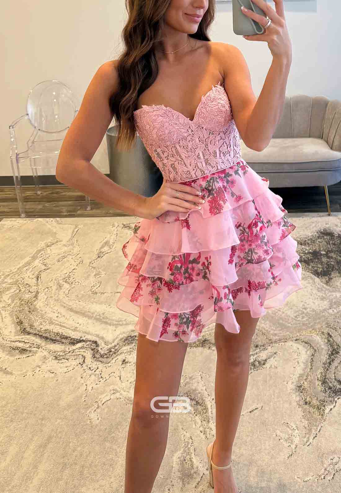 Gorgeous A-Line One Shoulder Blue Printed Short Homecoming Dress with 