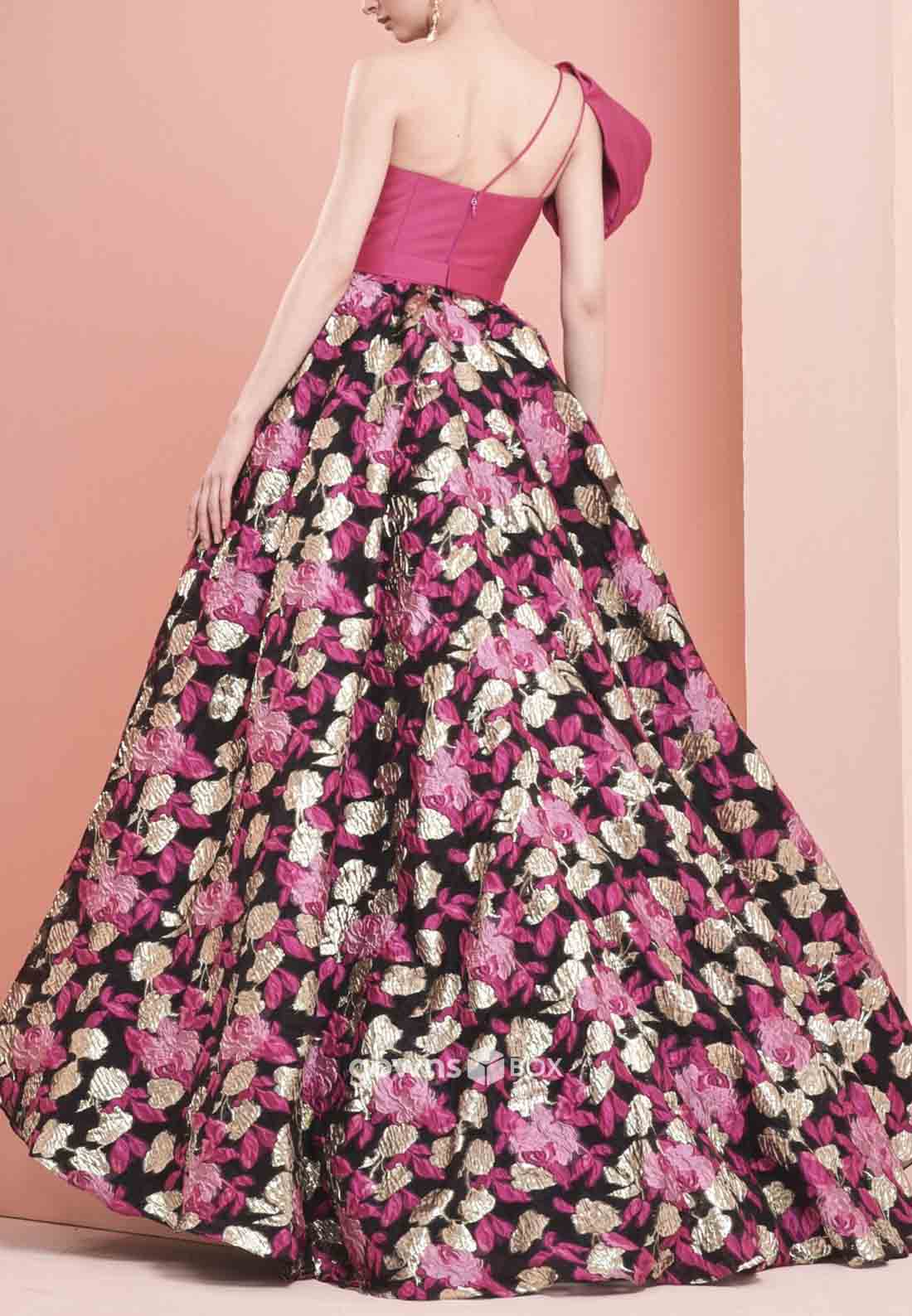 One Shoulder Floral Print Shoulder Flower Satin Pleated Princess Evening Gowns-GownsBox