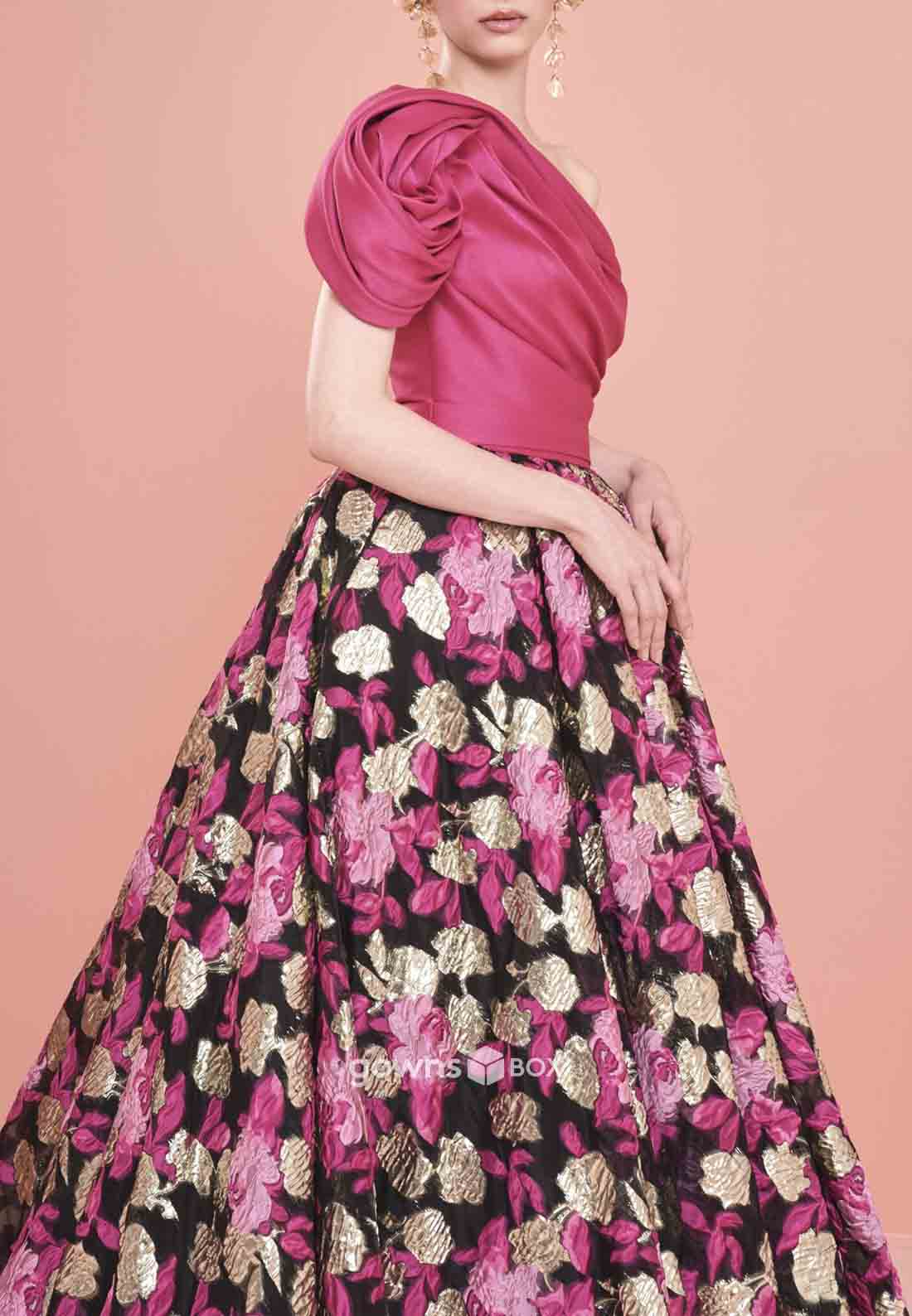 One Shoulder Floral Print Shoulder Flower Satin Pleated Princess Evening Gowns-GownsBox