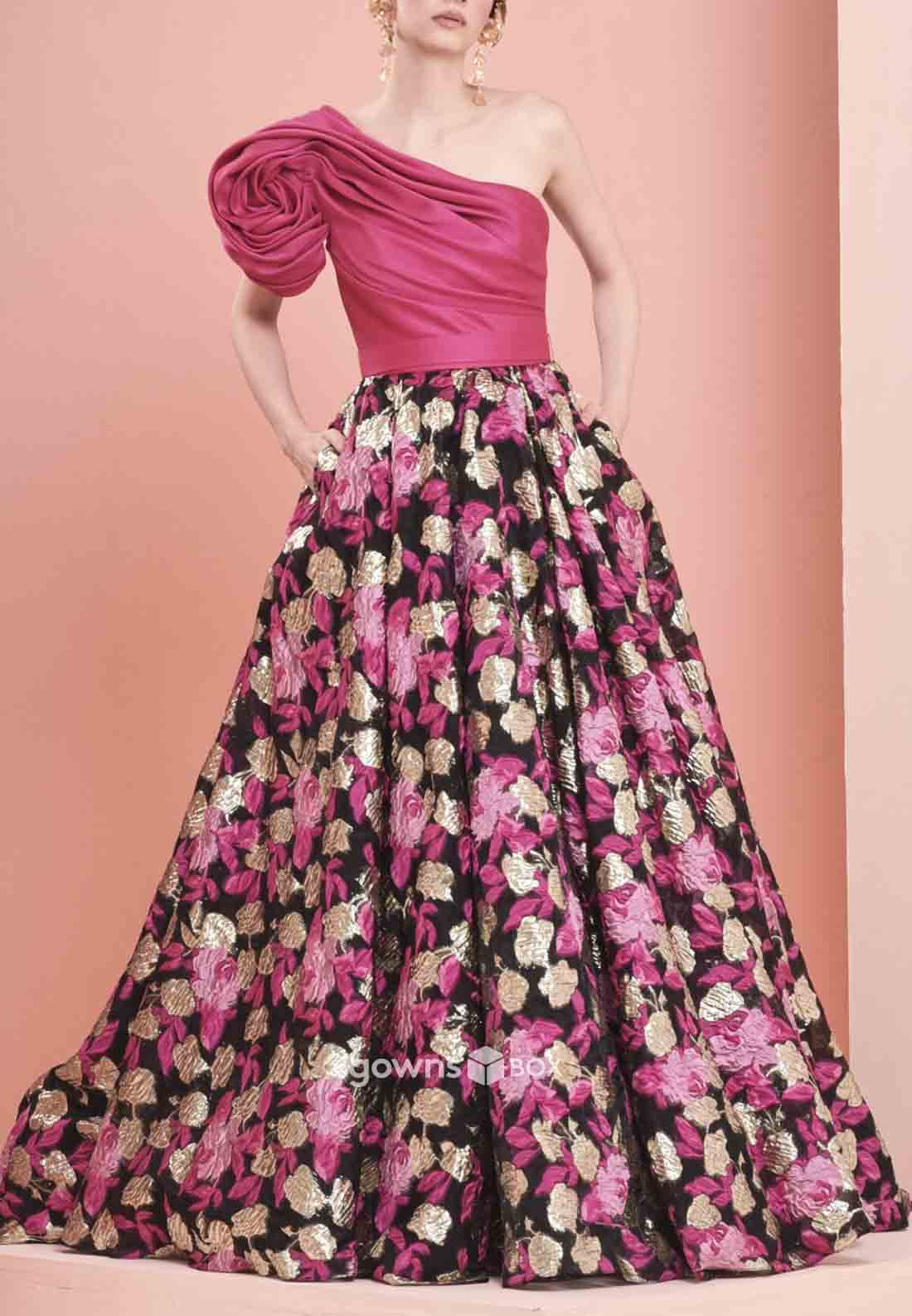 One Shoulder Floral Print Shoulder Flower Satin Pleated Princess Evening Gowns-GownsBox