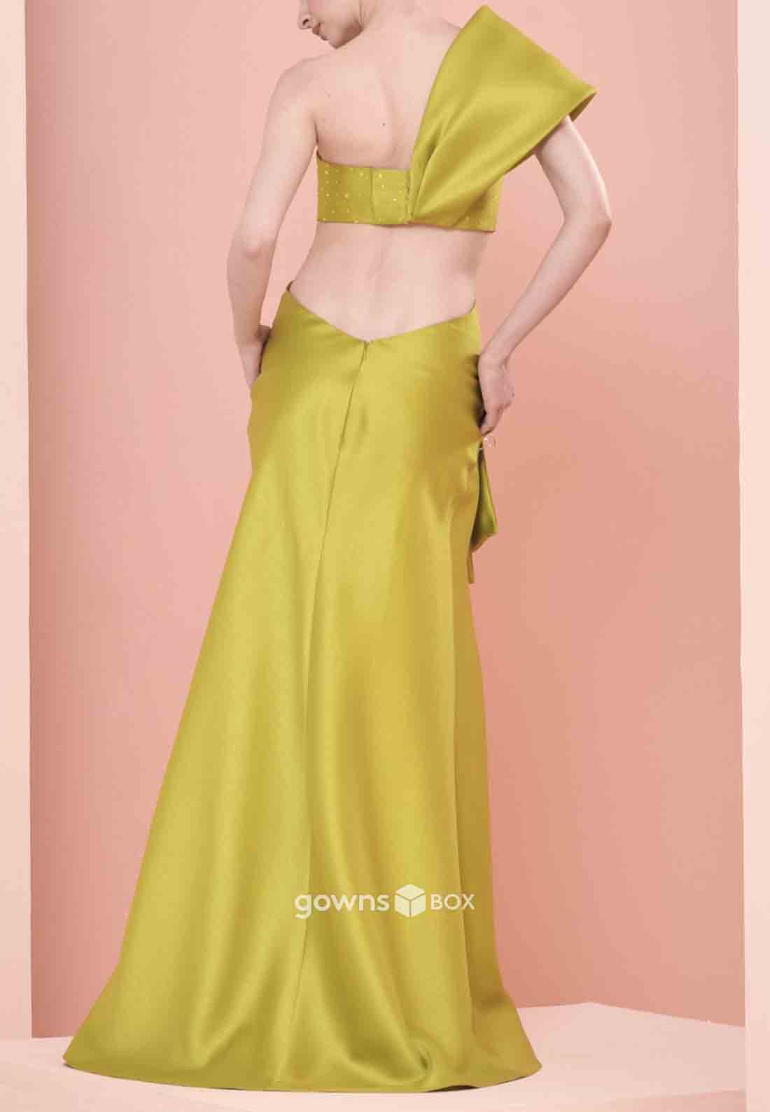 Bowknot One Shoulder Elegant Floor-Length Satin Pleated Evening Gowns-GownsBox