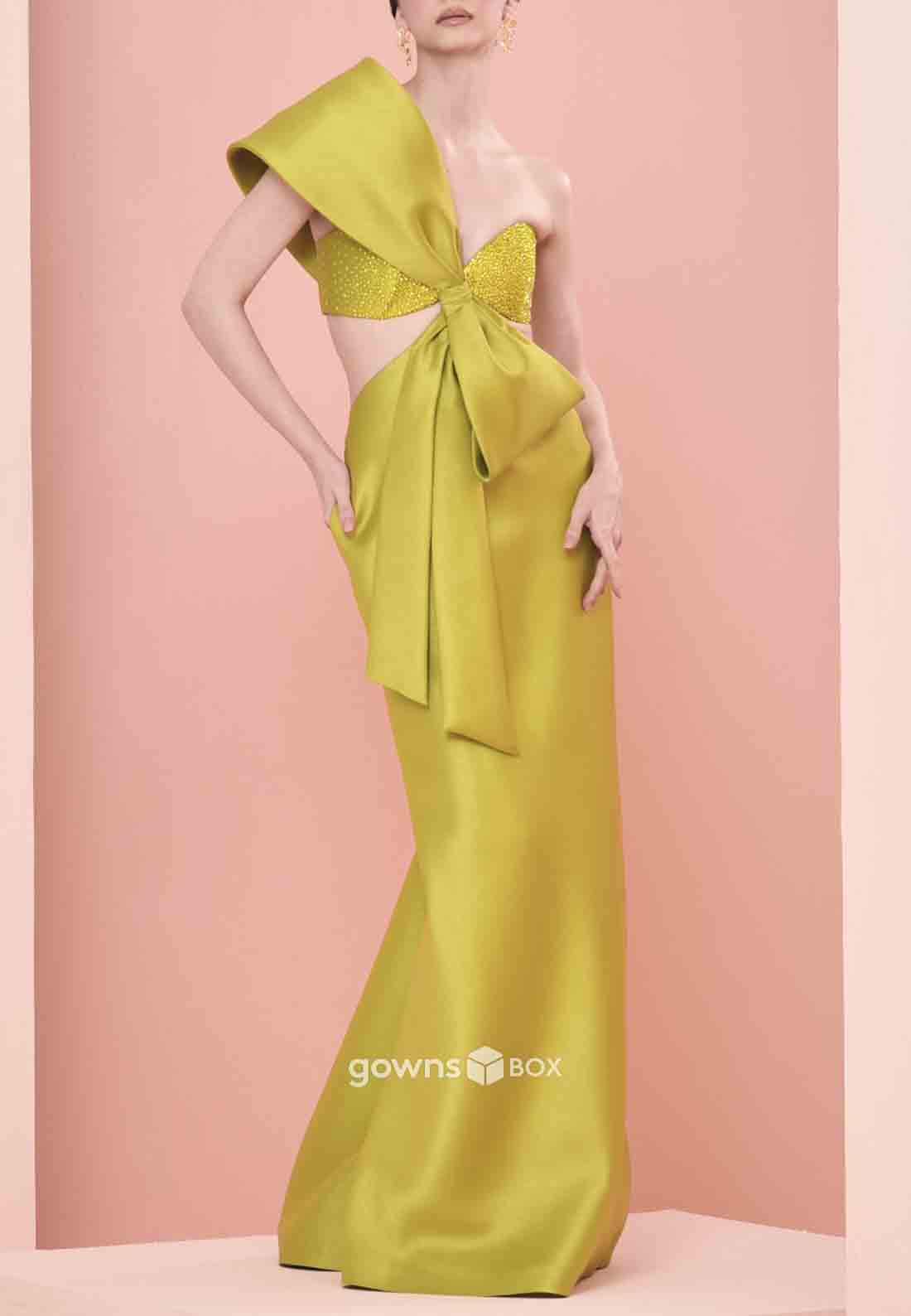Bowknot One Shoulder Elegant Floor-Length Satin Pleated Evening Gowns-GownsBox