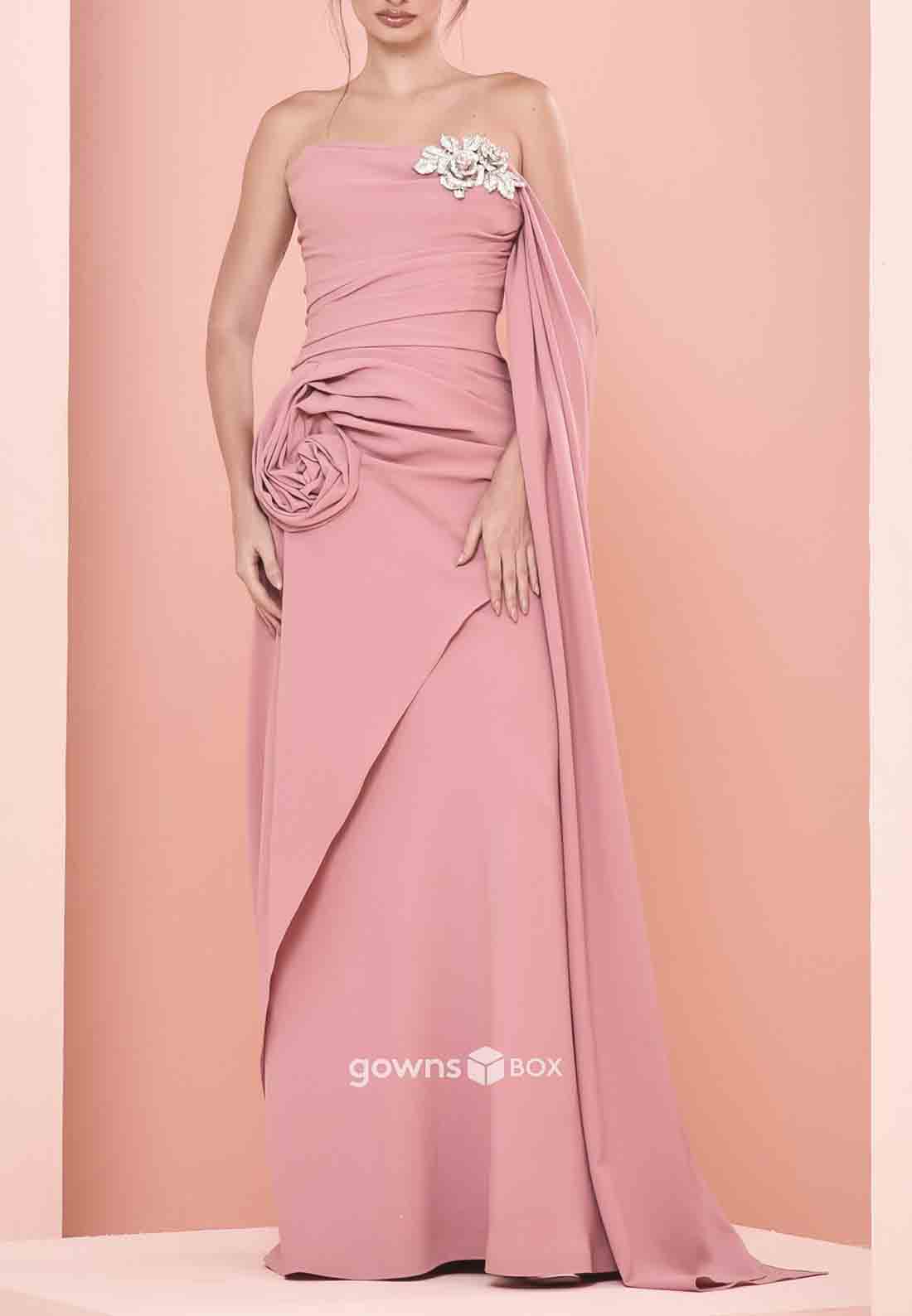 Strapless Pleated Flowers Side Draping Floor-Length Ruched Evening Gowns-GownsBox