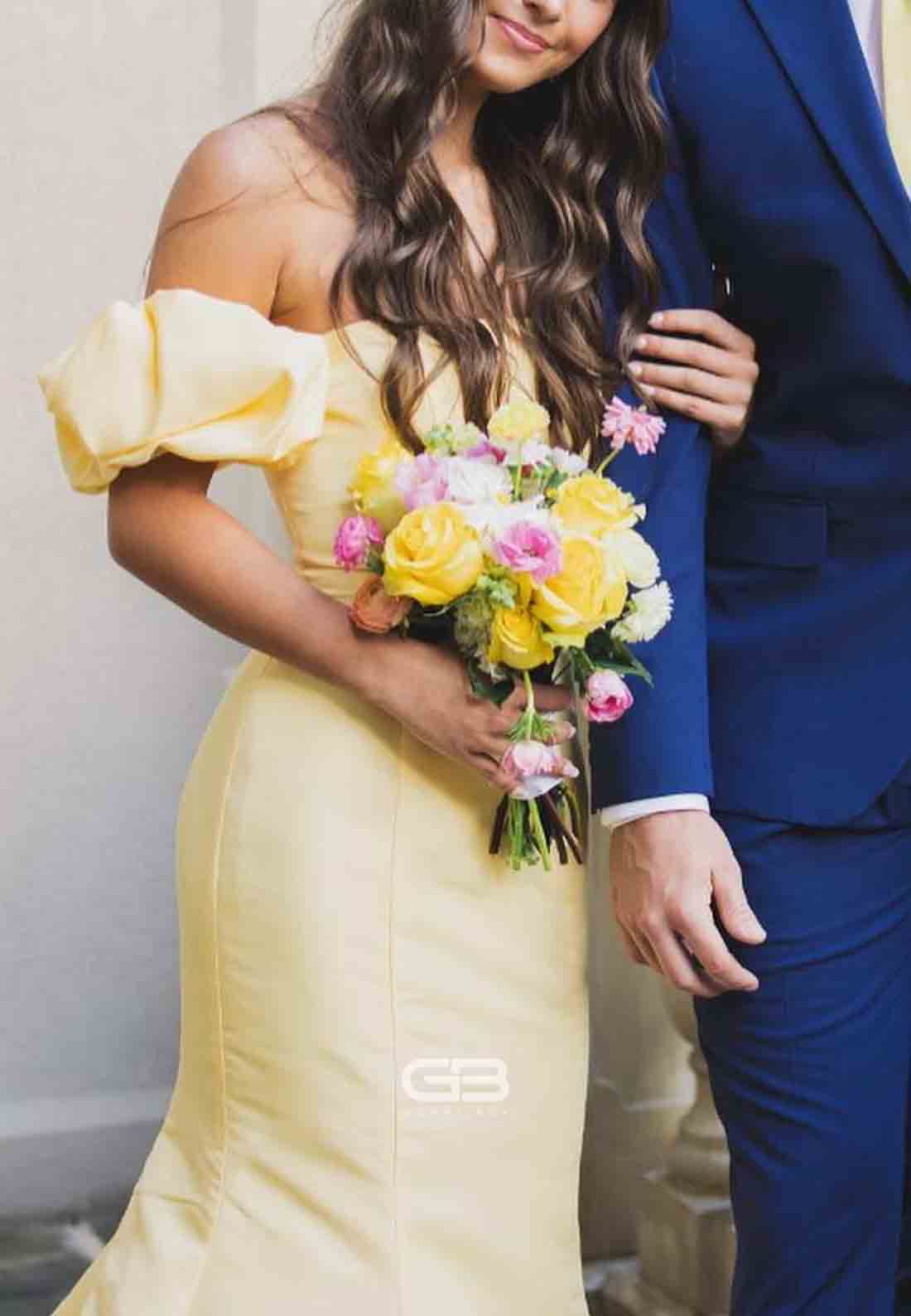 Yellow Satin Strapless Mermaid Pleated Long Formal Prom Dress 