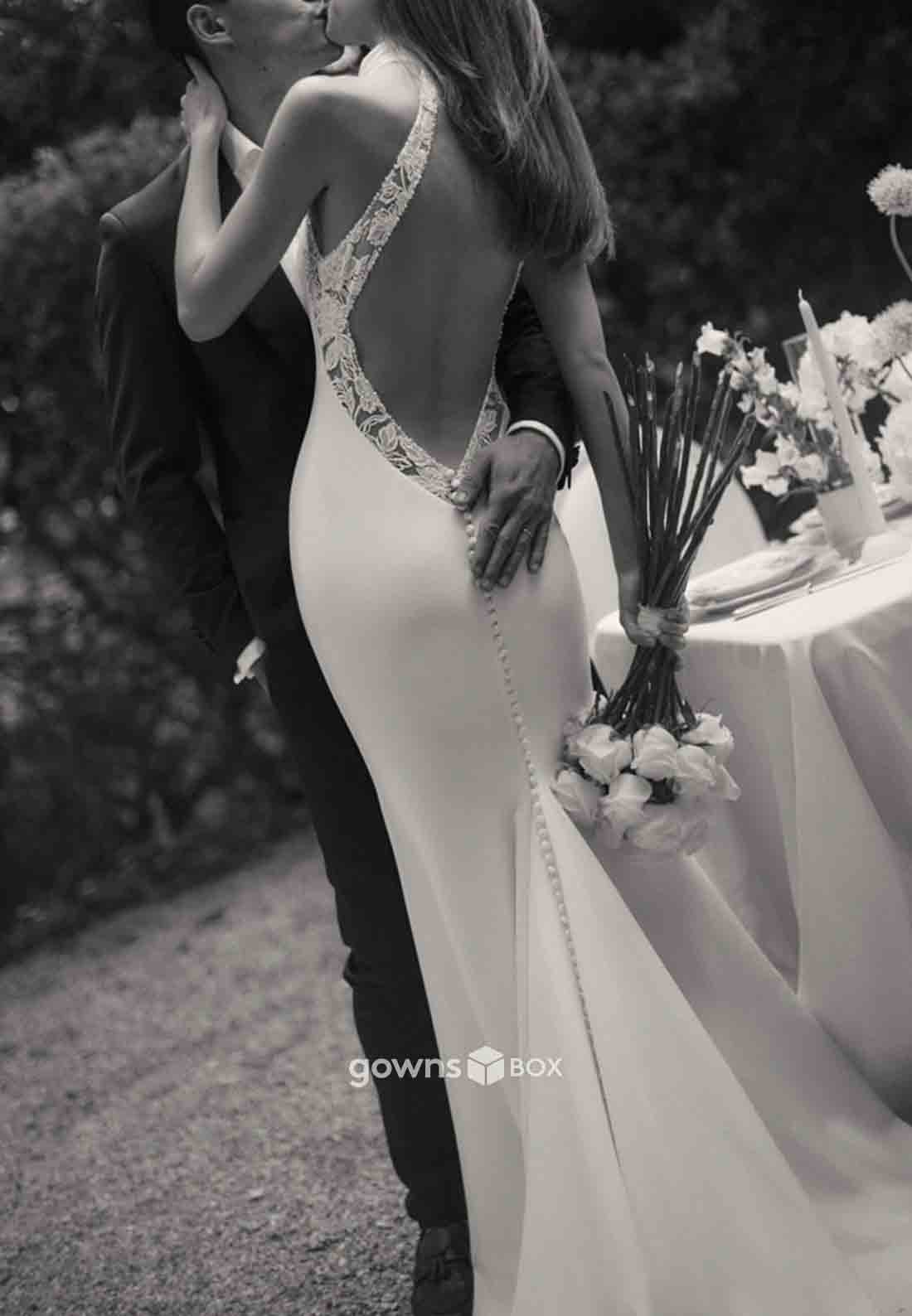 Halter Low Back Sleeveless Sweep Train Trumpet Beach Wedding Dresses-GownsBox