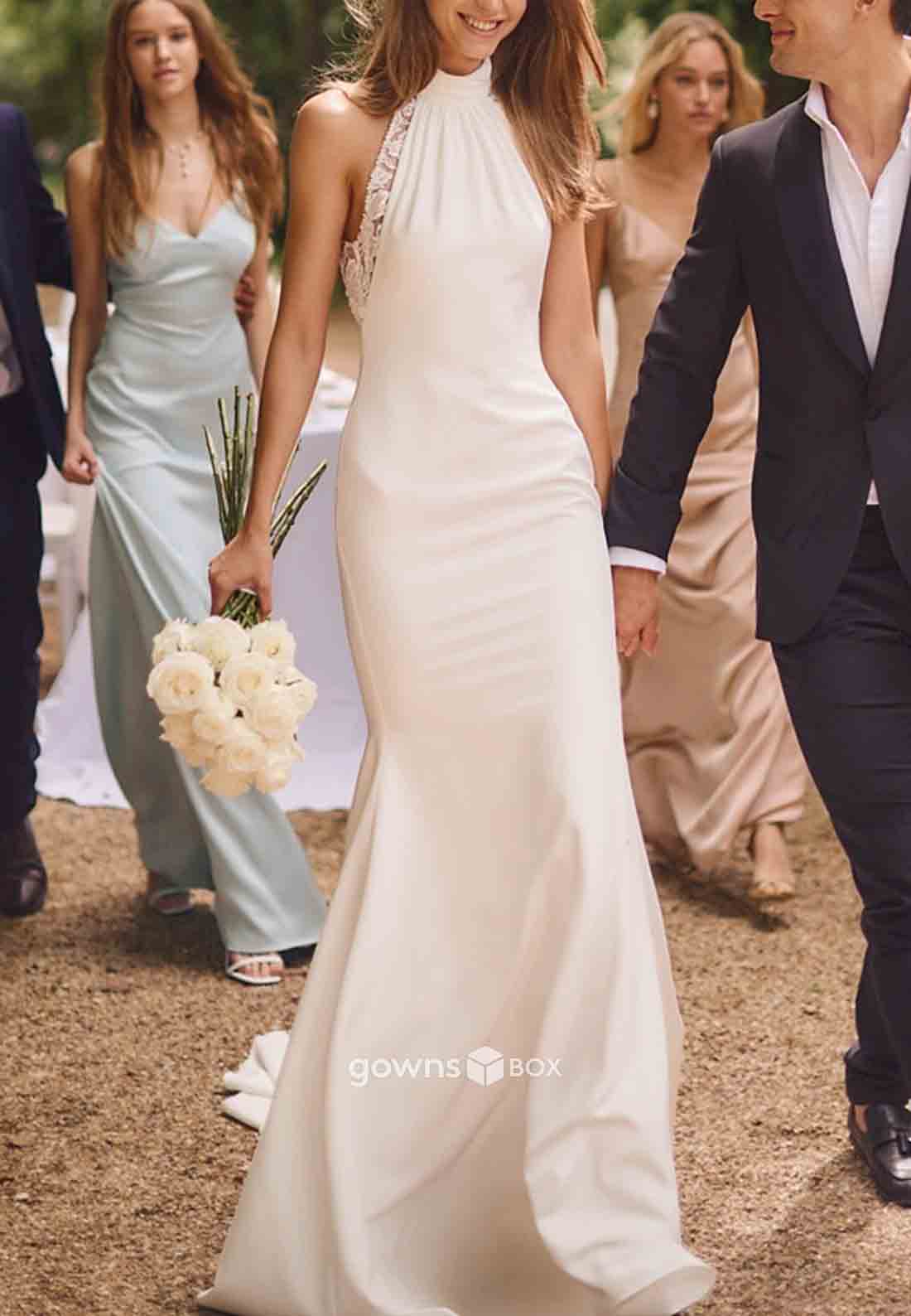 Halter Low Back Sleeveless Sweep Train Trumpet Beach Wedding Dresses-GownsBox