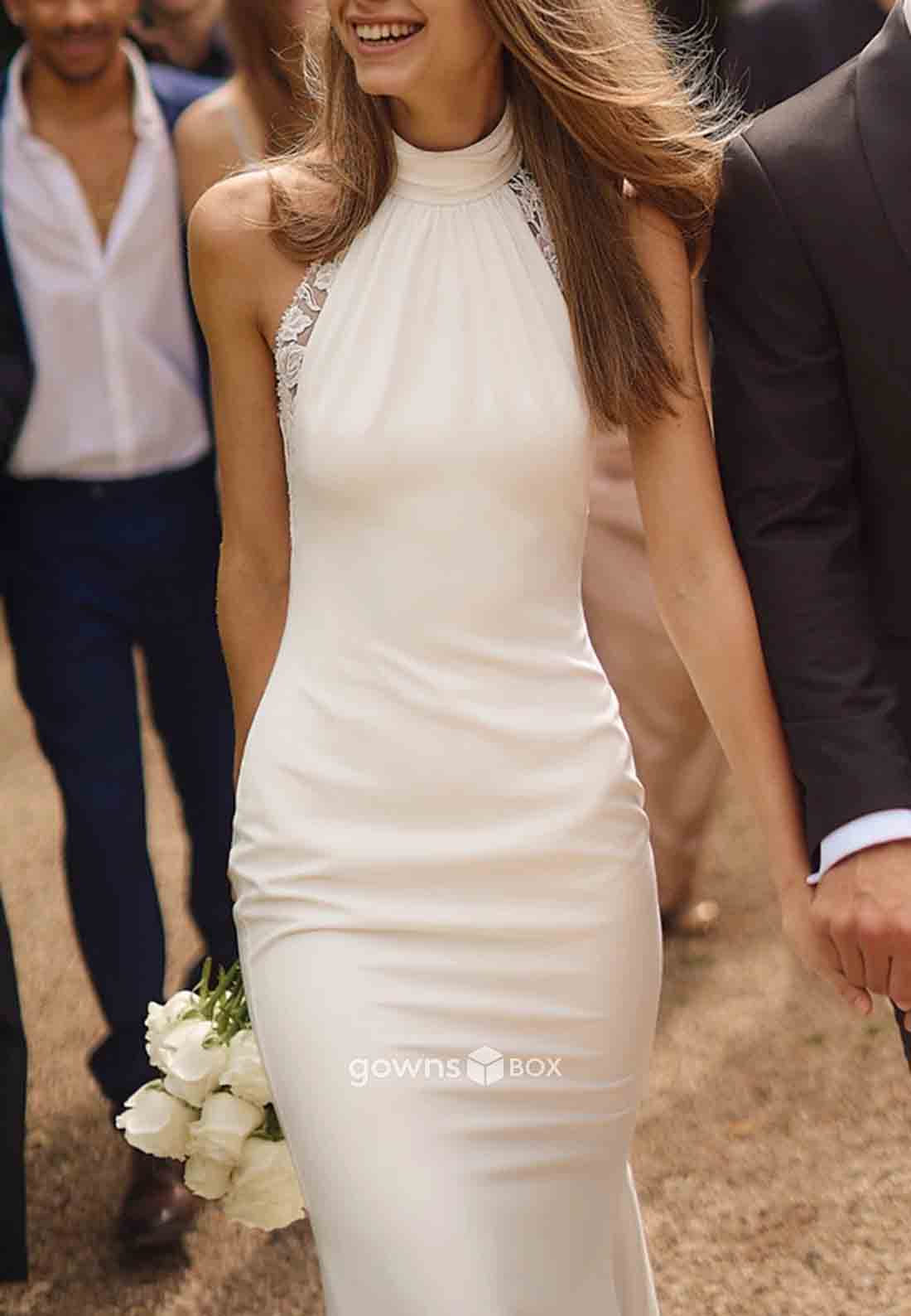 Halter Low Back Sleeveless Sweep Train Trumpet Beach Wedding Dresses-GownsBox