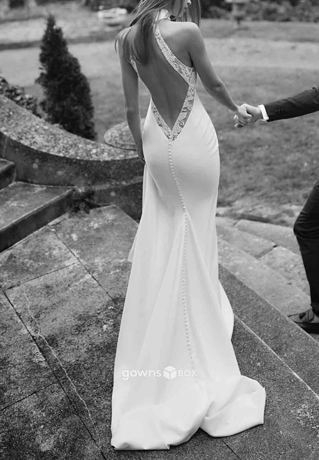 Halter Low Back Sleeveless Sweep Train Trumpet Beach Wedding Dresses-GownsBox