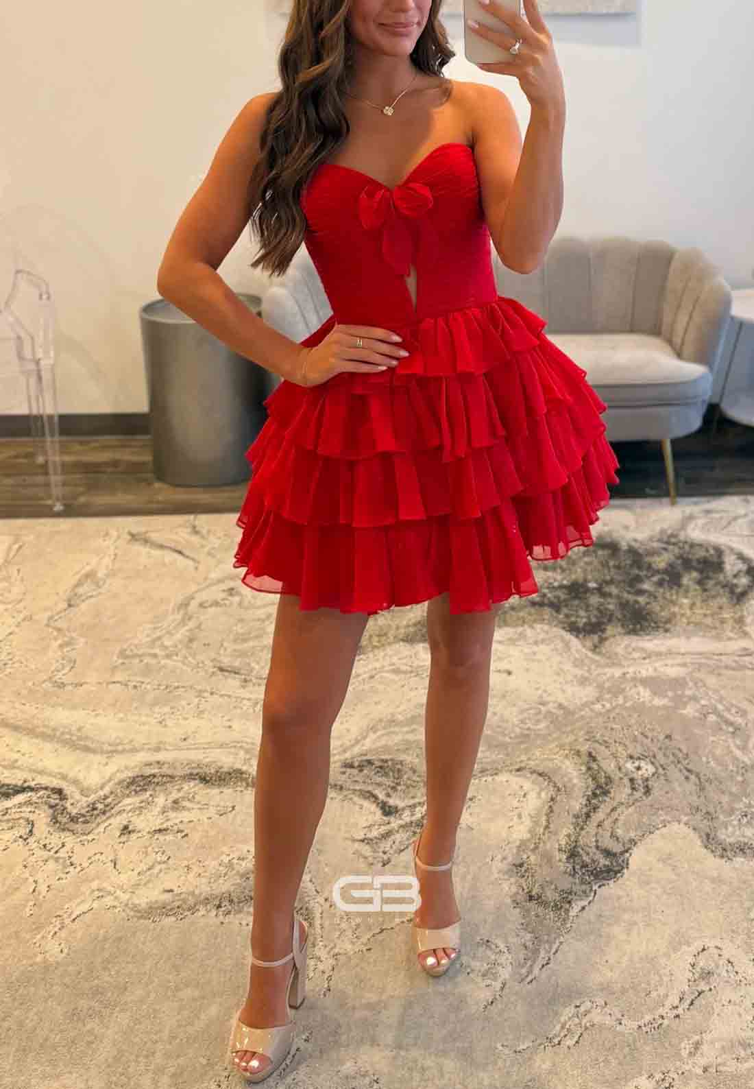 A-Line Strapless Sweetheart Low Back Short Homecoming Dress with Ruffles