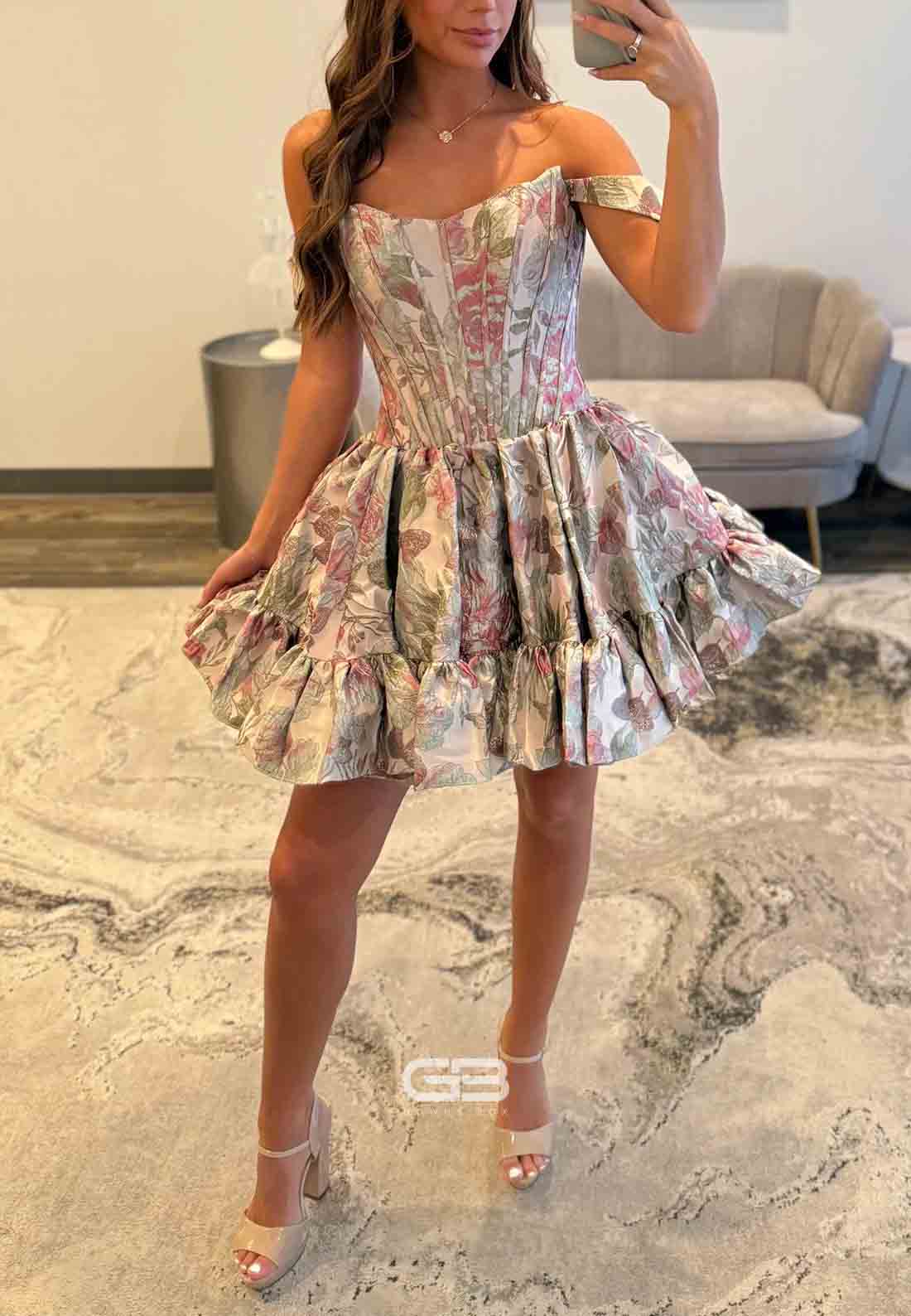 Chic Off the Shoulder Pleated Floral Print Princess Short Homecoming Dresses