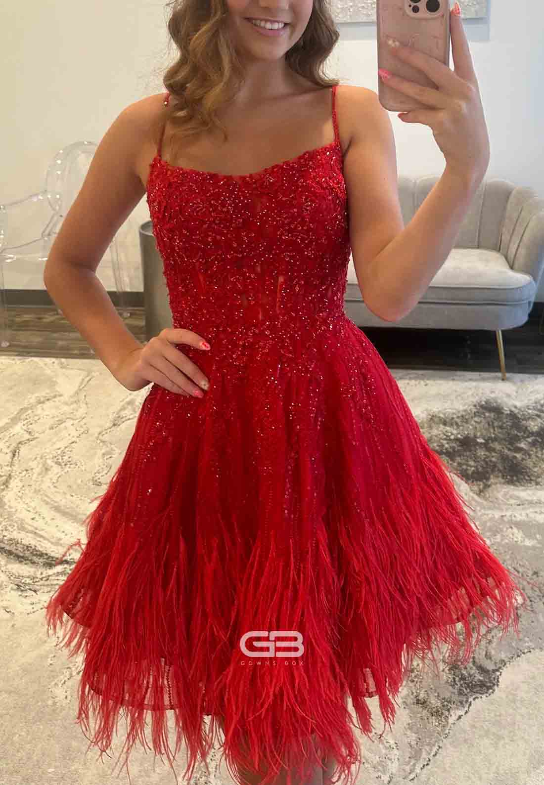 Red Spaghetti Straps Tie Back Beading A-Line Short Homecoming Dress with Feather