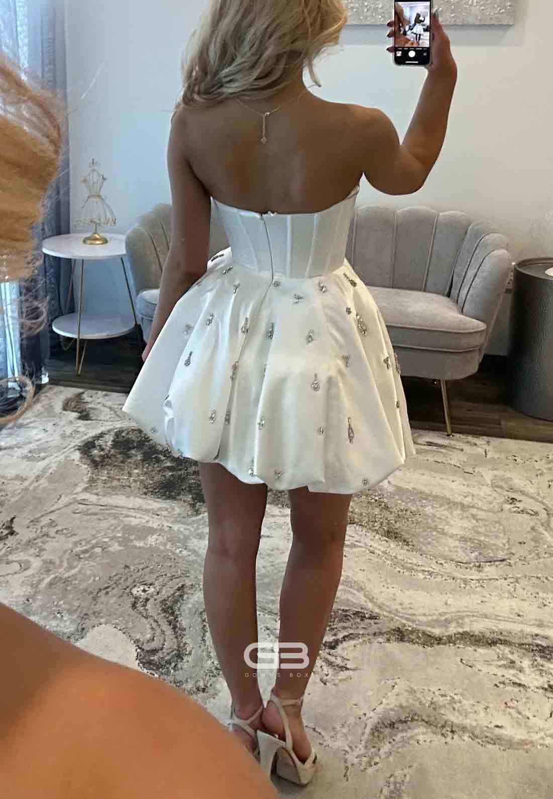 White Strapless Satin A-Line Short Pleated Homecoming Dress wirh Appliques