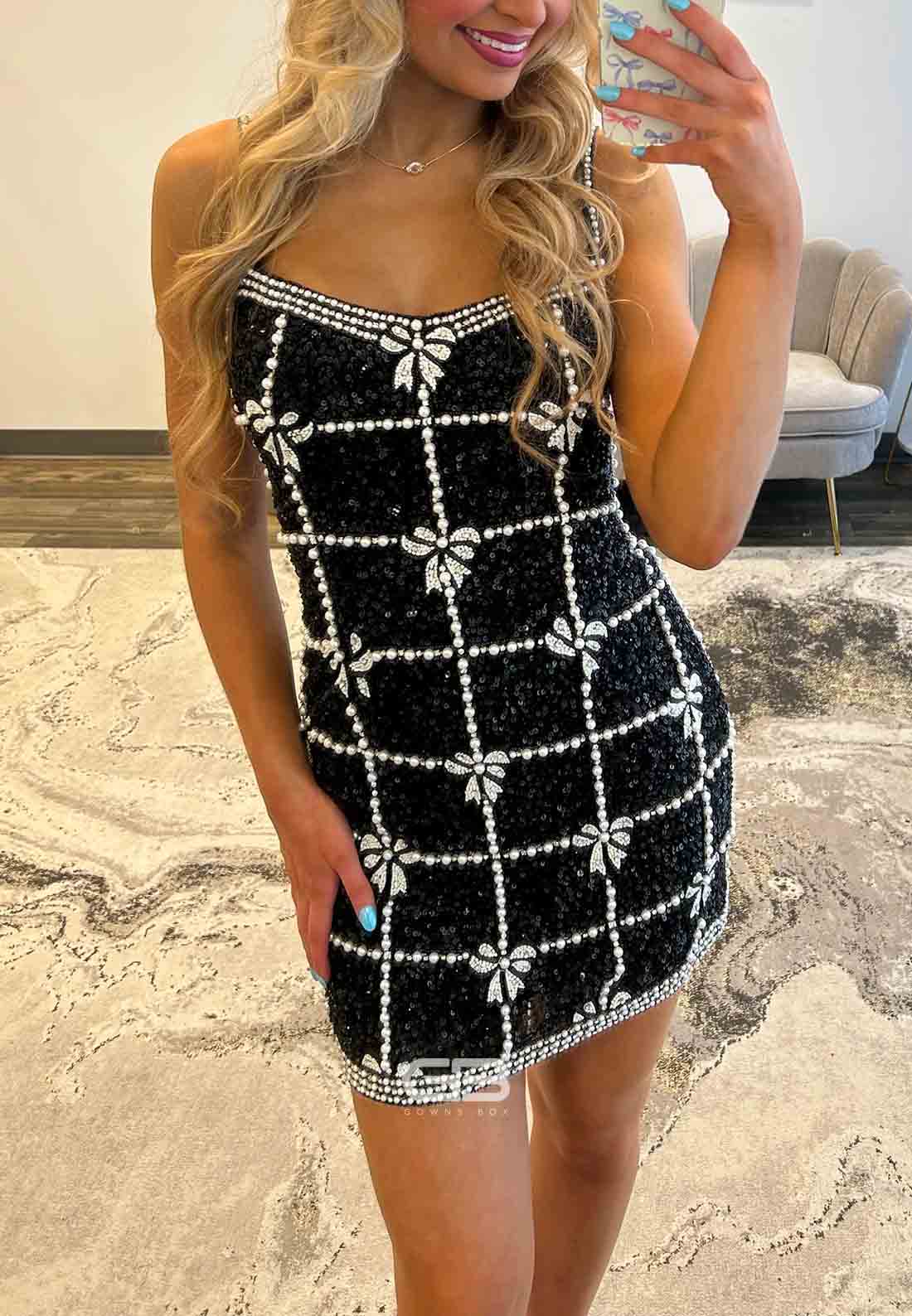 Spaghetti Straps Low Back Sheath Short Homecoming Dress with Beading Bowknot