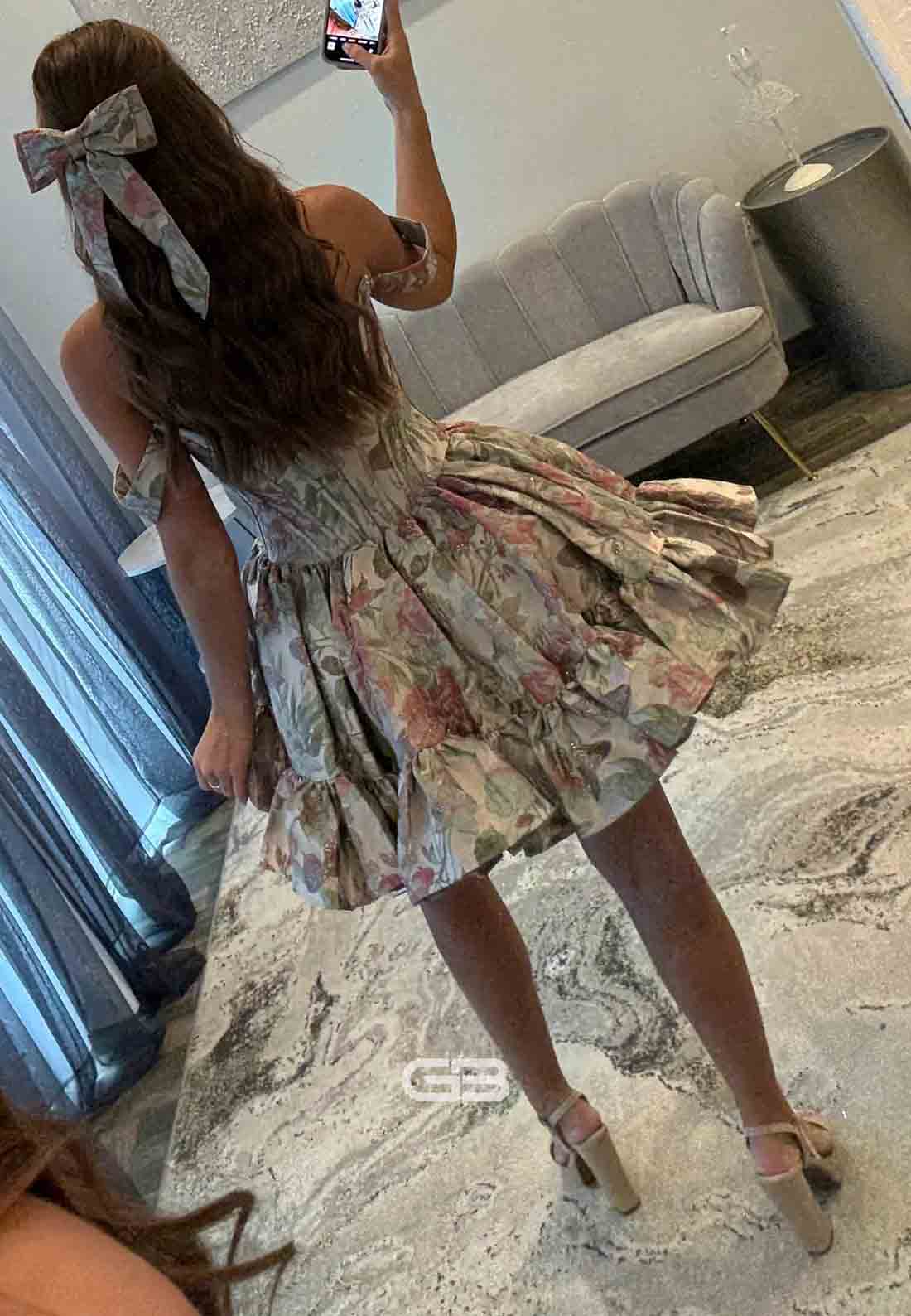 Chic Off the Shoulder Pleated Floral Print Princess Short Homecoming Dresses