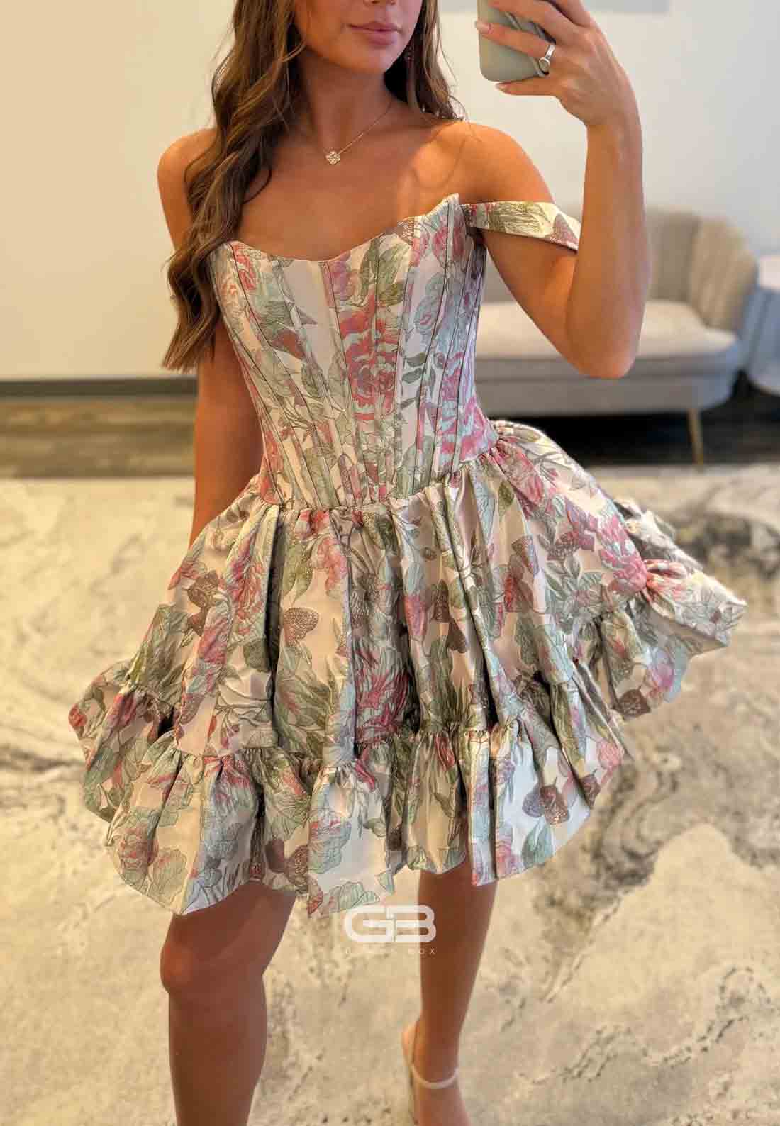 Chic Off the Shoulder Pleated Floral Print Princess Short Homecoming Dresses