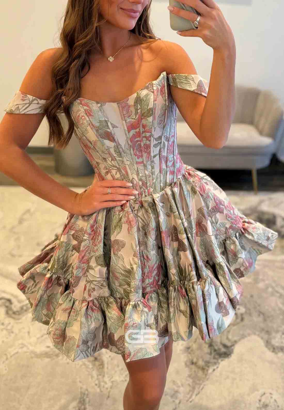 Chic Off the Shoulder Pleated Floral Print Princess Short Homecoming Dresses