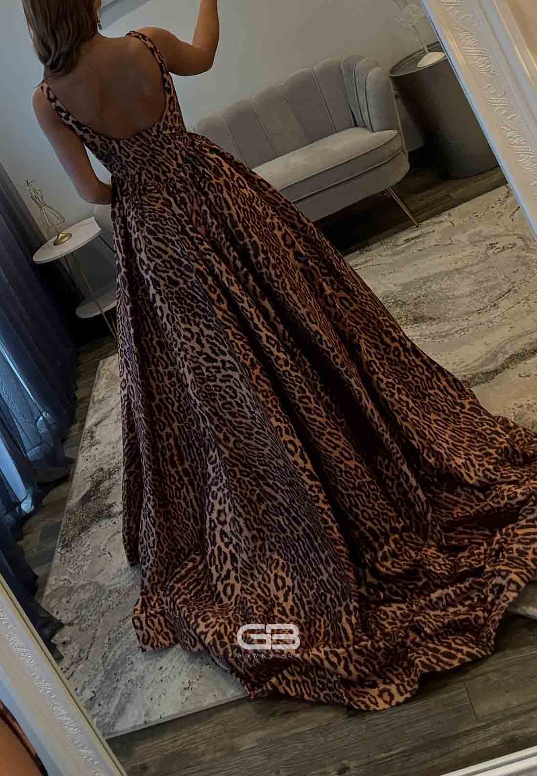 Leopard Print Square Neck Open Back A-Line Floor-Length Prom Dresses