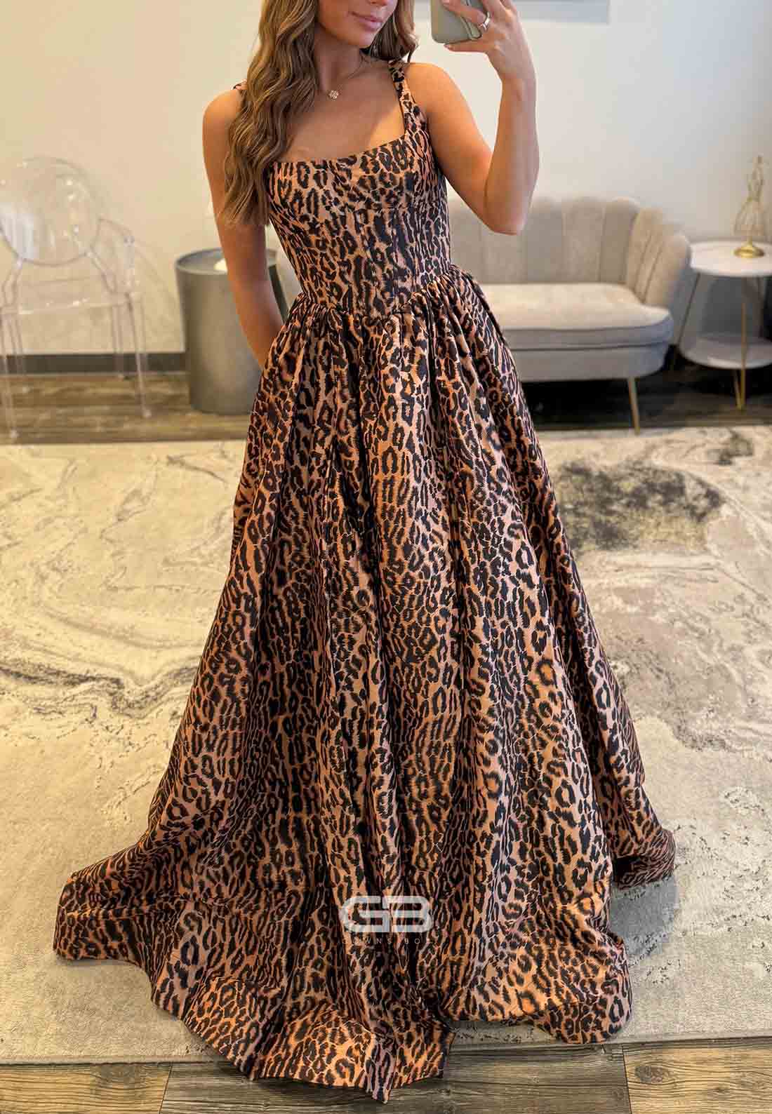 Leopard Print Square Neck Open Back A-Line Floor-Length Prom Dresses