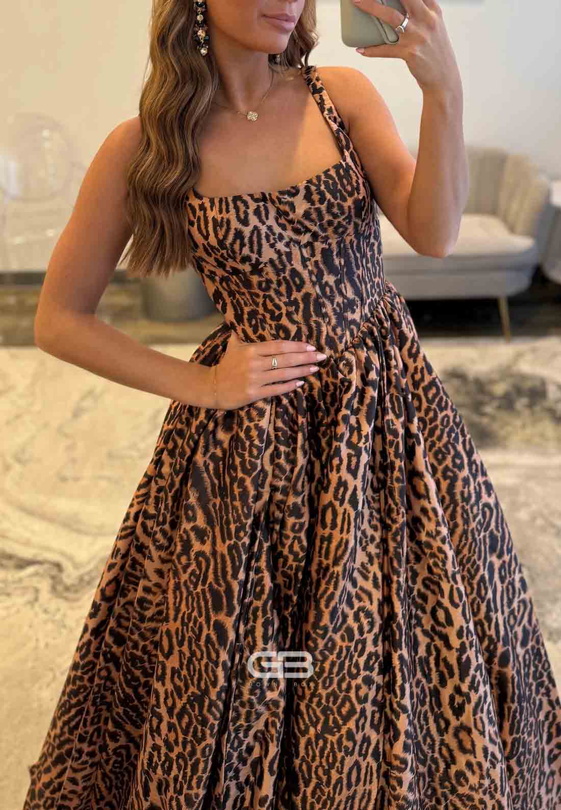 Leopard Print Square Neck Open Back A-Line Floor-Length Prom Dresses