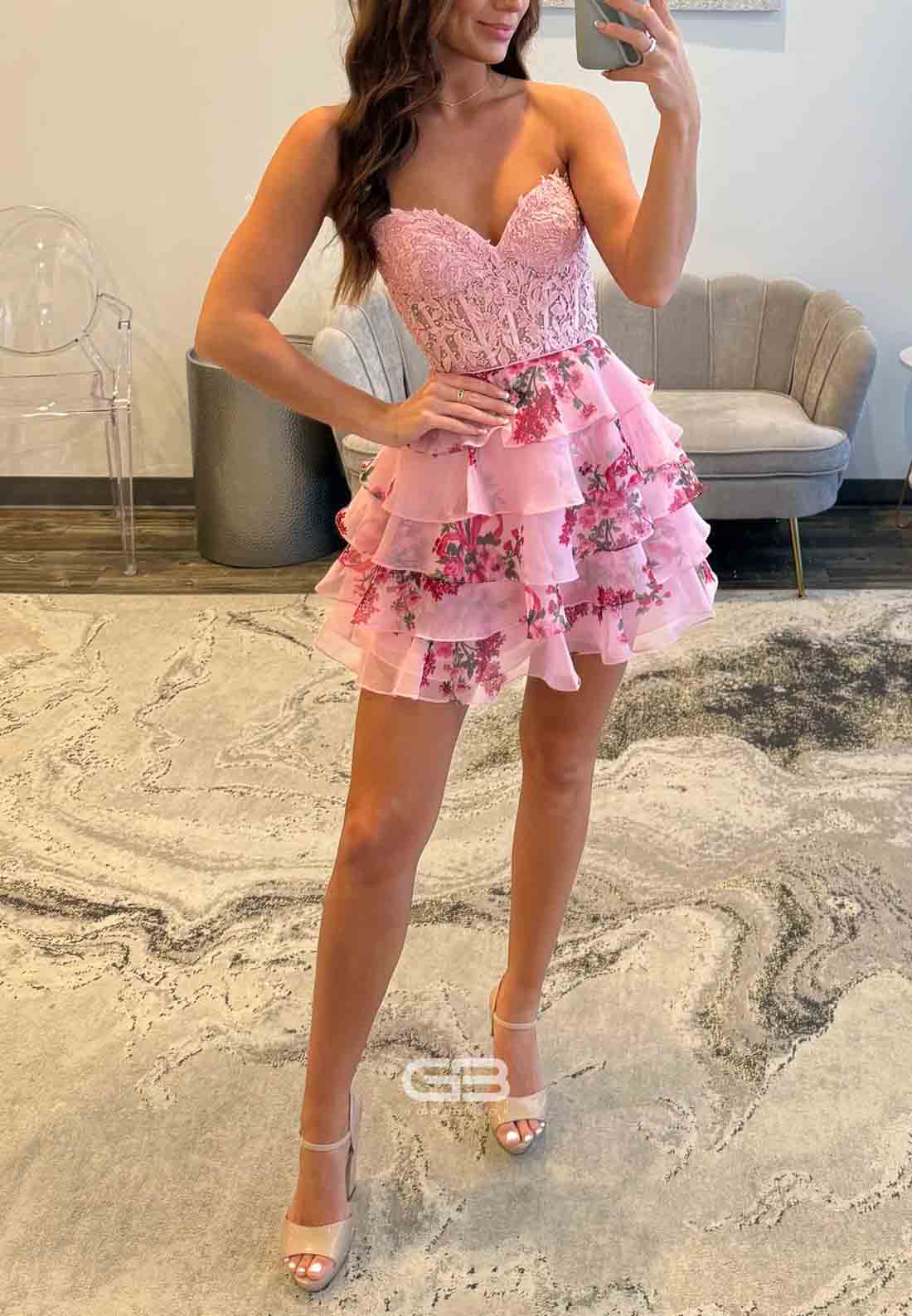 Sweetheart Floral Print Tie Back A-Line Short Homecoming Dress with Ruffles