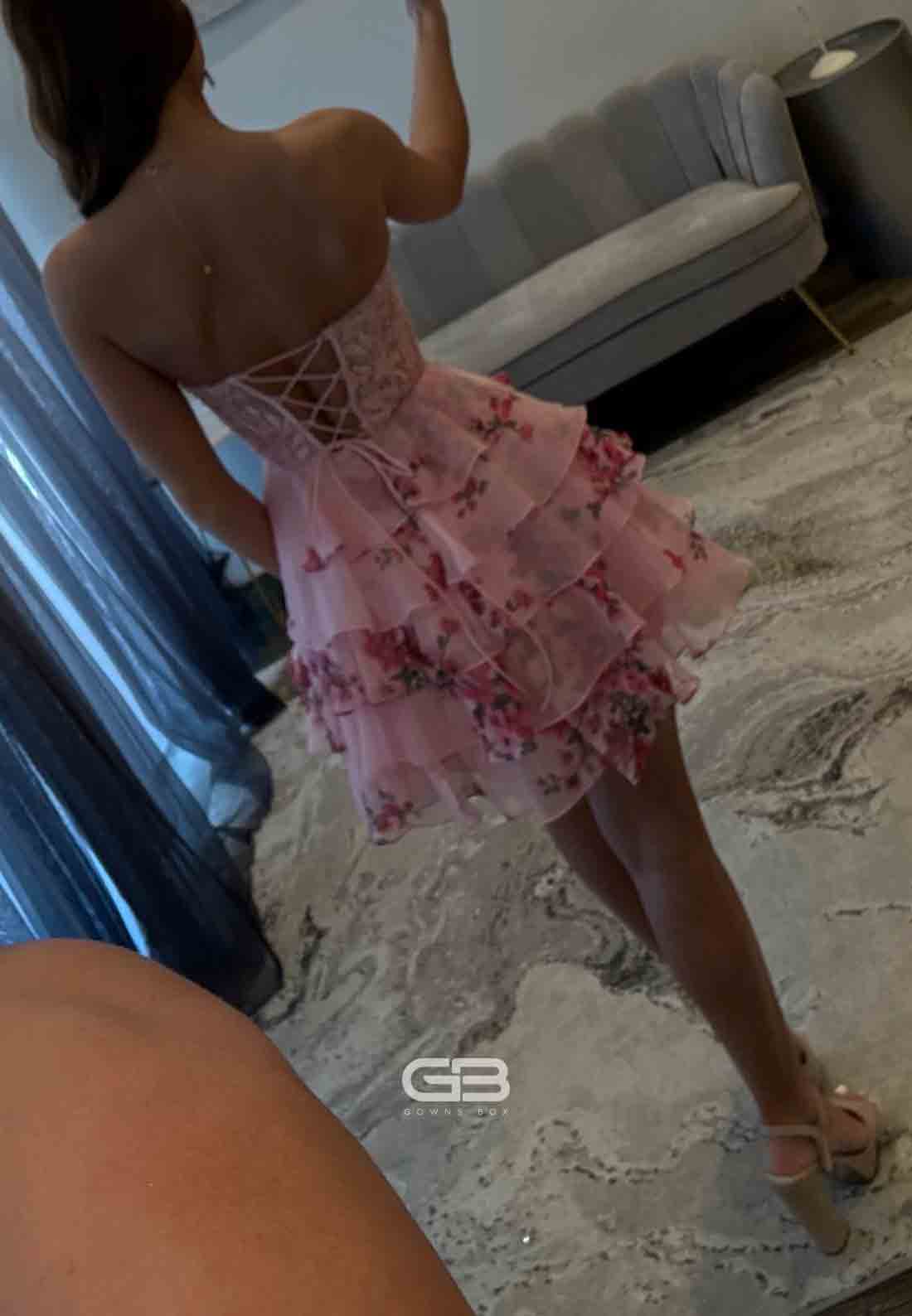 Sweetheart Floral Print Tie Back A-Line Short Homecoming Dress with Ruffles