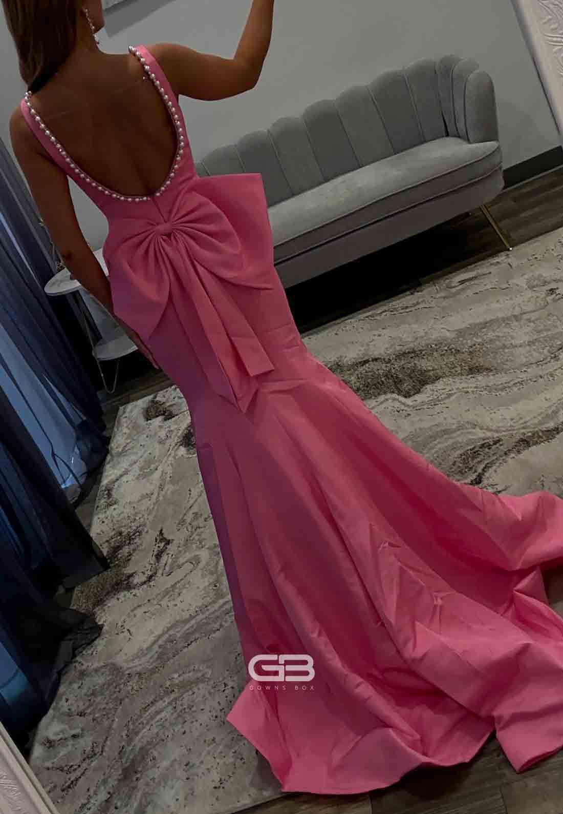 Pink Open Back Square Neck Satin Mermaid Prom Dresses with Bowknot and Pearls